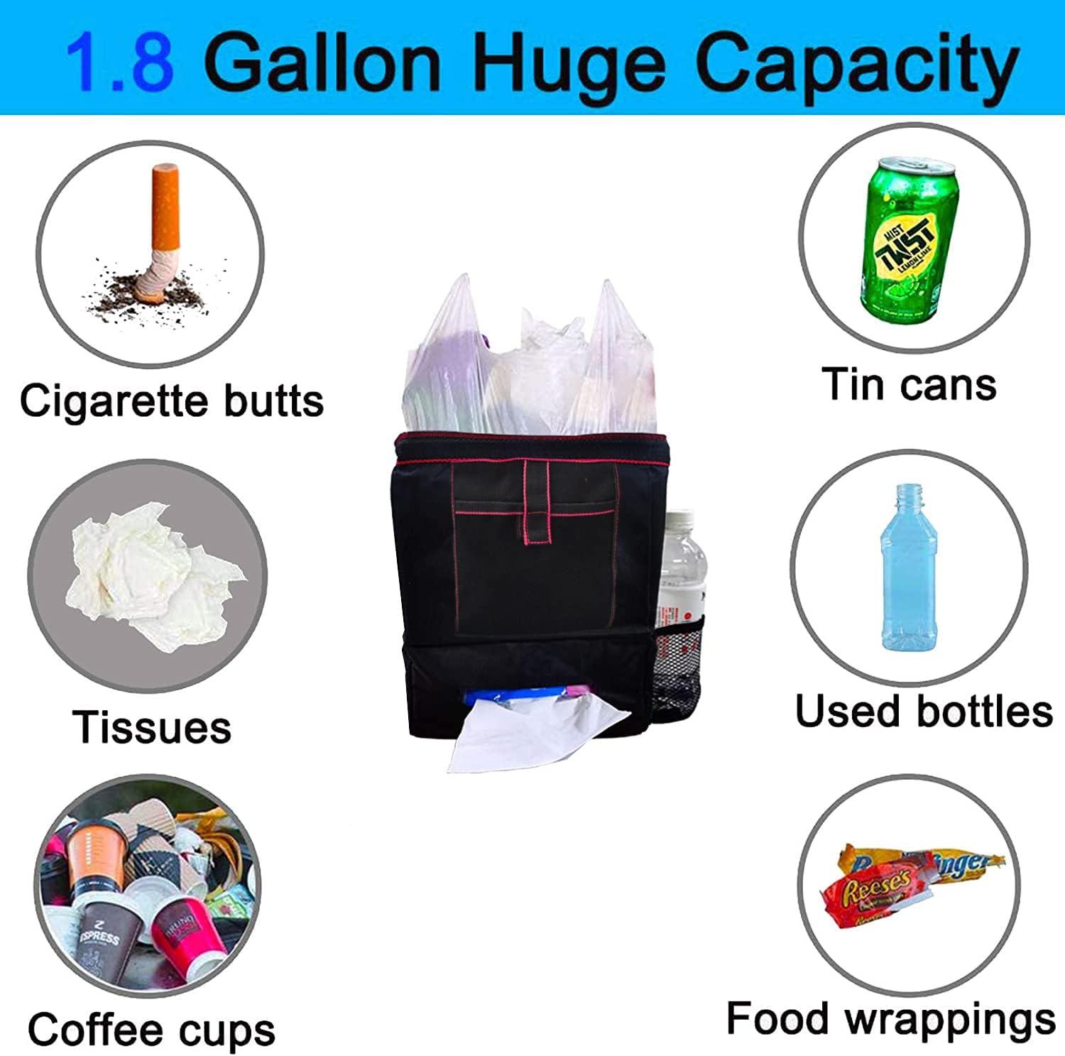 Big Ant Car Trash Bag, Car Portable Garbage Bag, Leak-Proof Car Trash Can with Mesh Pockets, Car Storage and Tissue Holder, Car Trash Bag with Storage Pockets, Black