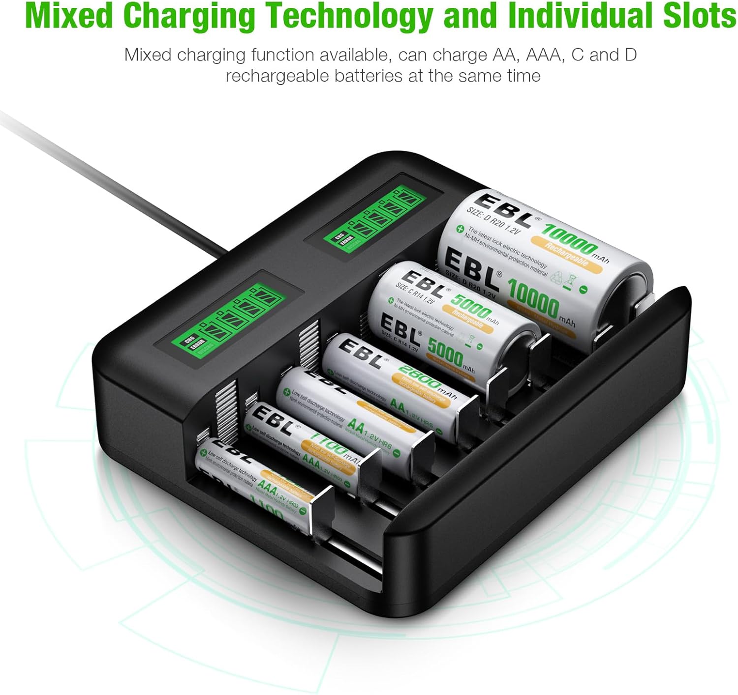 EBL Rechargeable C Batteries (4 Pack) and LCD Smart Battery Charger for Ni-MH AA AAA C D Rechargeable Batteries