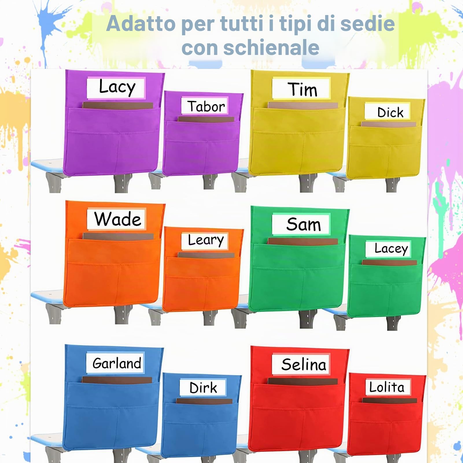 Sedia Buddy Tasca Portaoggetti, 12 Pezzi Schienale per Sedia Organizer Grafico, Tabella delle Tasche dello Schienale con 3 Tasche e Scomparto per Nome, Organizer per Sedile Posteriore
