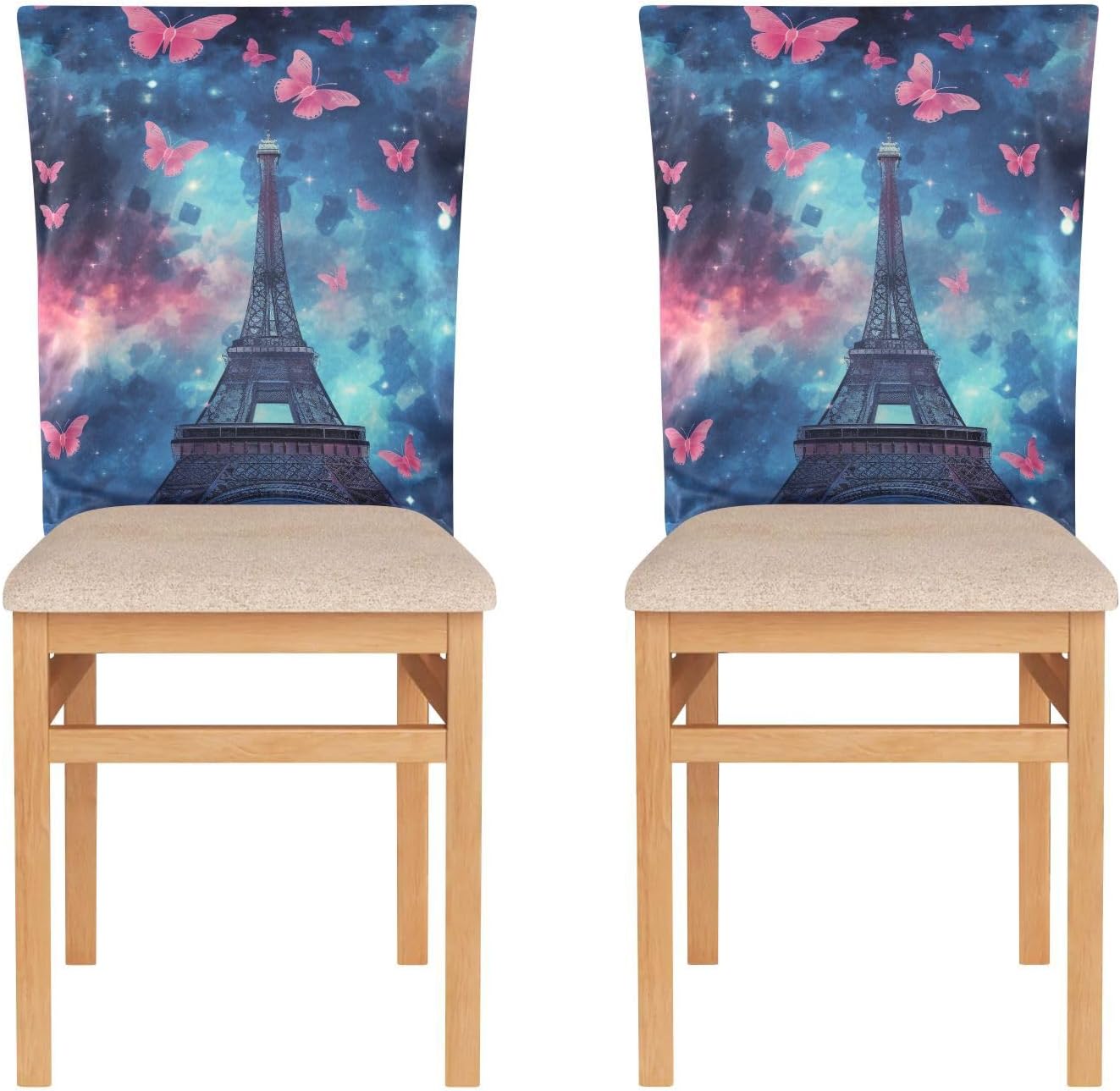 ALAZA Eiffel Tower Pink Butteries Galaxy Chair Back Cover Set of 6, Washable Reusable Removable Chair Slipcovers Decorative Chair Cover for Home Kitchen Wedding Party