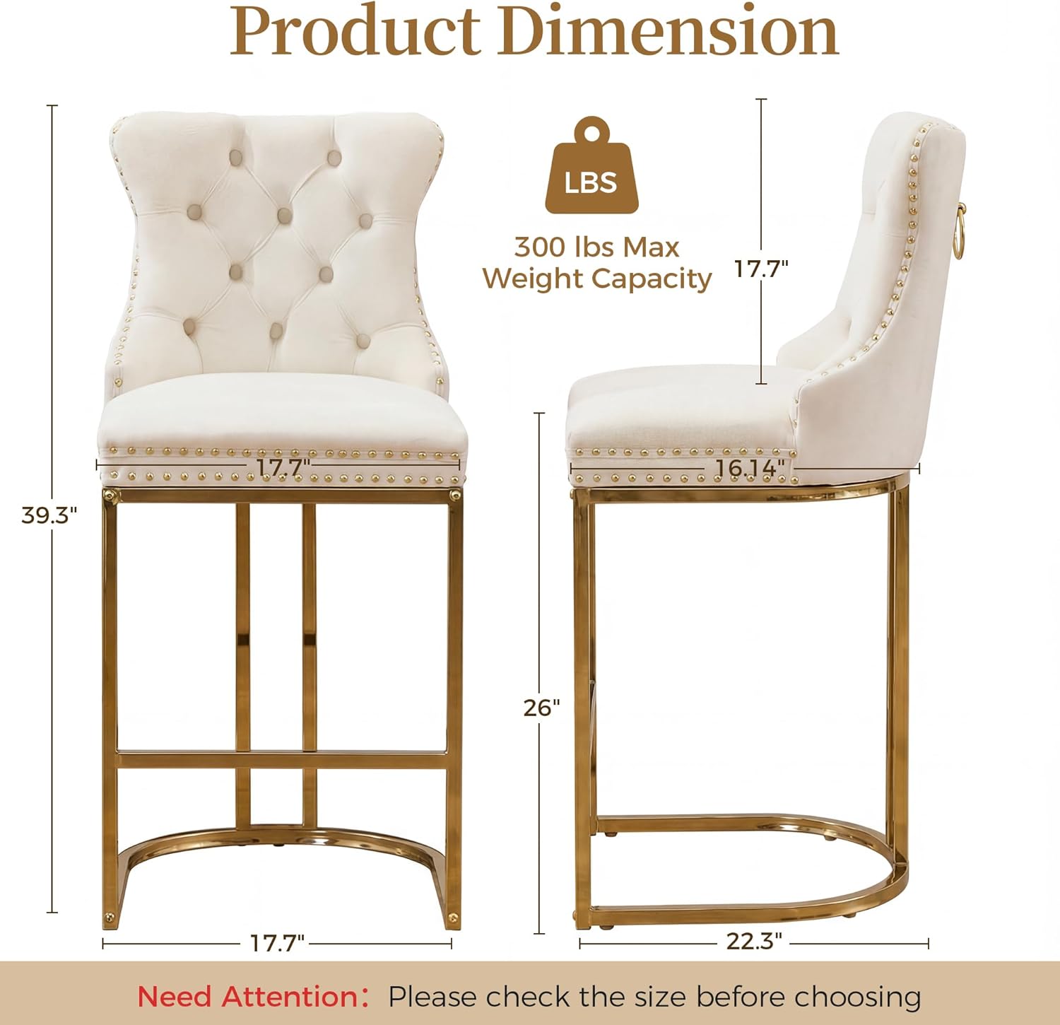 AQO Counter Height Bar Stools Set of 4 for Kitchen Island, Modern Bar Stools with Backs, 26 Inch Barstools with Upholstered Velvet Seat and Gold Legs, Beige