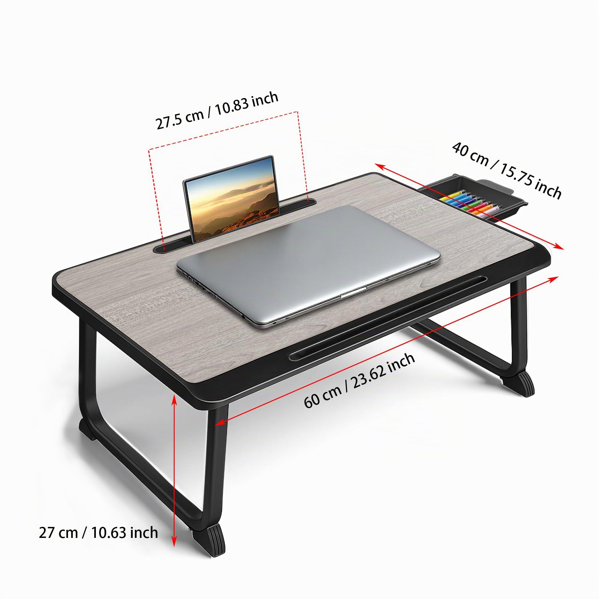 Planche de lit, Table de lit avec tiroir, pour Ordinateur, Lecture, Écriture, Repas et Regarder des Films sur Le Lit, Canapé ou au Sol, Bureau et Maison (Grey)