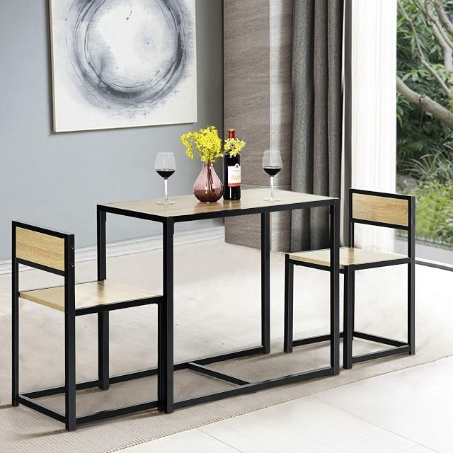 COSTWAY Dining Table Chairs, 3 Piece Metal Frame Kitchen Counter Furniture Include 1 Table and 2 Chairs, Home Office Living Room Breakfast Bar Table Set (Natural)