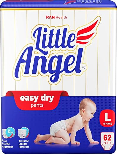Little Angel Baby Easy Dry Diaper Pants With 12 Hrs Absorption Large Size, 9-14 Kgs – L (62 Pieces)