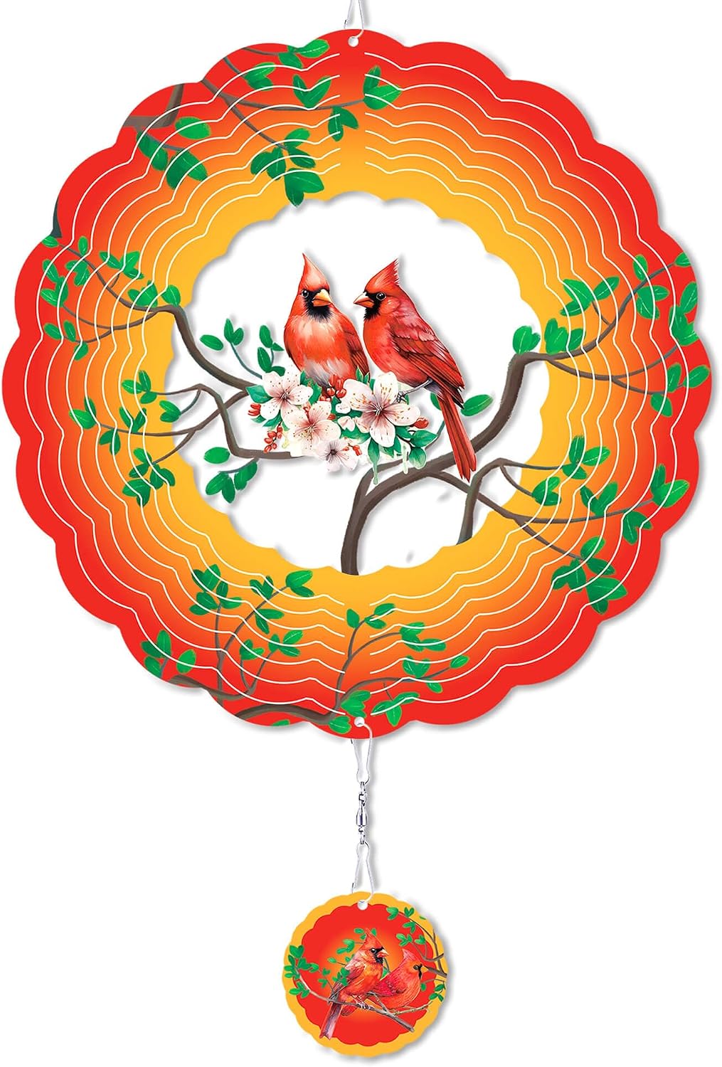 Cardinal Wind Spinners Outdoor - Large 12 Inch 3D Metal Garden Decor with Bird on Branch - Stainless Steel Kinetic Sculpture for Yard & Patio - Unique Gift for Bird Watching Lovers