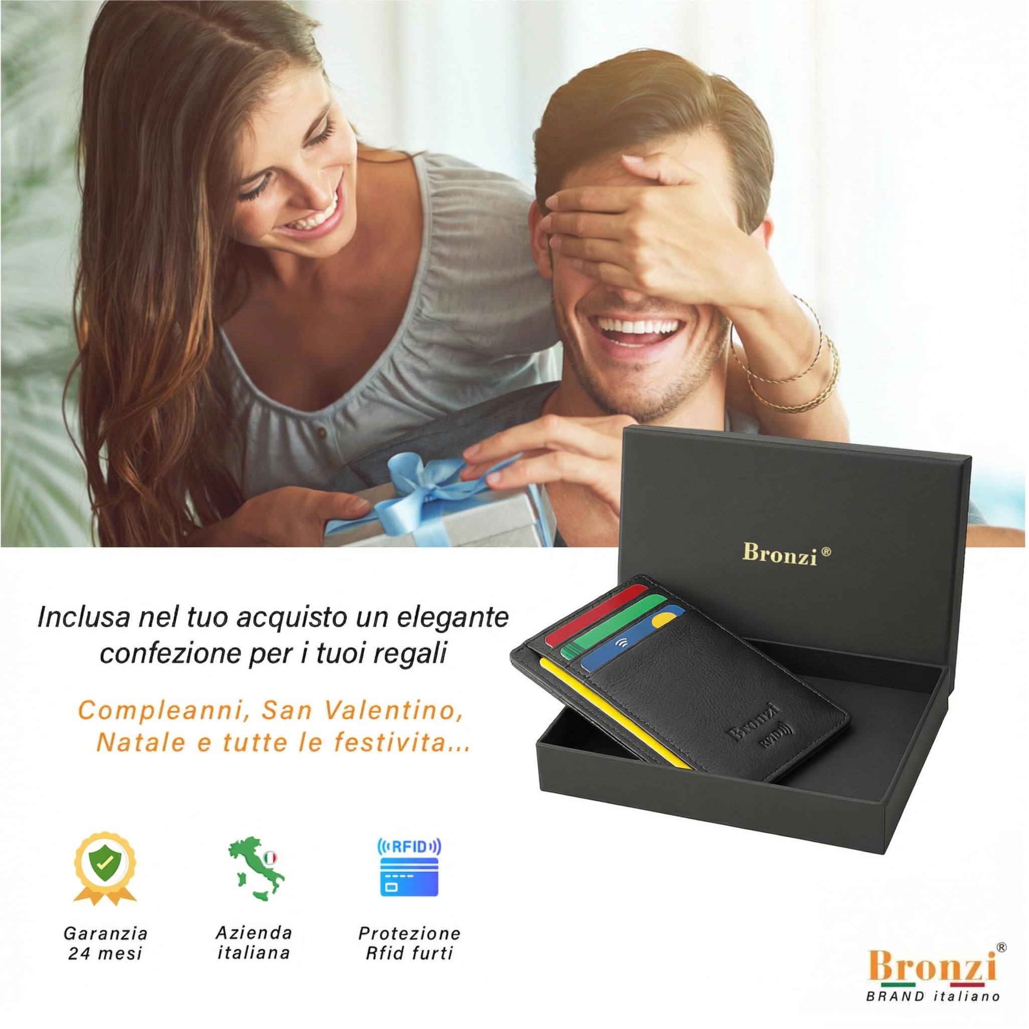 Bronzi® Portafoglio Uomo Slim | Pelle Alta Qualità Mini Nero| Piccolo Sottile Elegante | Portacarte Uomo Donna Portatessere Porta Carte Di Credito| Design Italiano Box Regalo