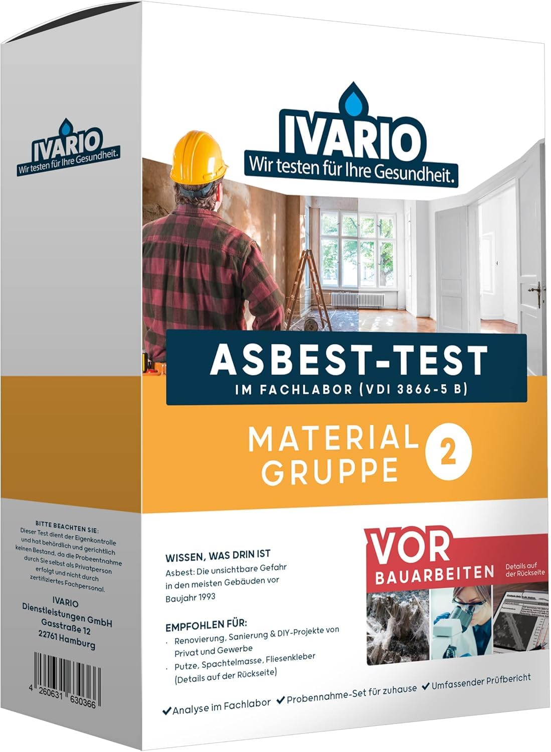 IVARIO Asbest-Test + Probenahme-Asbest-Schutz-Set Größe XL | Für Dachpappe, Fugenmasse, Farbe, Ausgleichsmasse, Fliesenkleber, Gussasphalt, Putz uvm.
