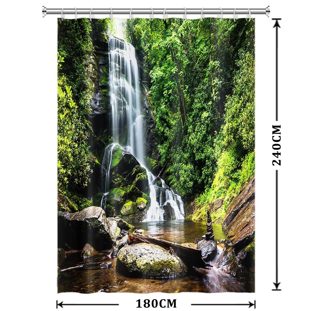 Tenda da doccia natura Primavera Cascata Tenda da bagno Giungla tropicale verde foresta paesaggio muschio pietra fiume lavabile tenda da doccia Decorazione bagno impermeabile 180x240cm