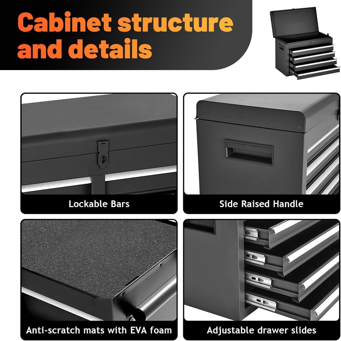 Tool Chest, 5-Drawer Rolling Tool Storage Cabinet with Detachable Top Tool Box, Liner, Universal Lockable Wheels, Adjustable Shelf, Locking Mechanism, Metal Tools Cart for Garage Workshop (Black)