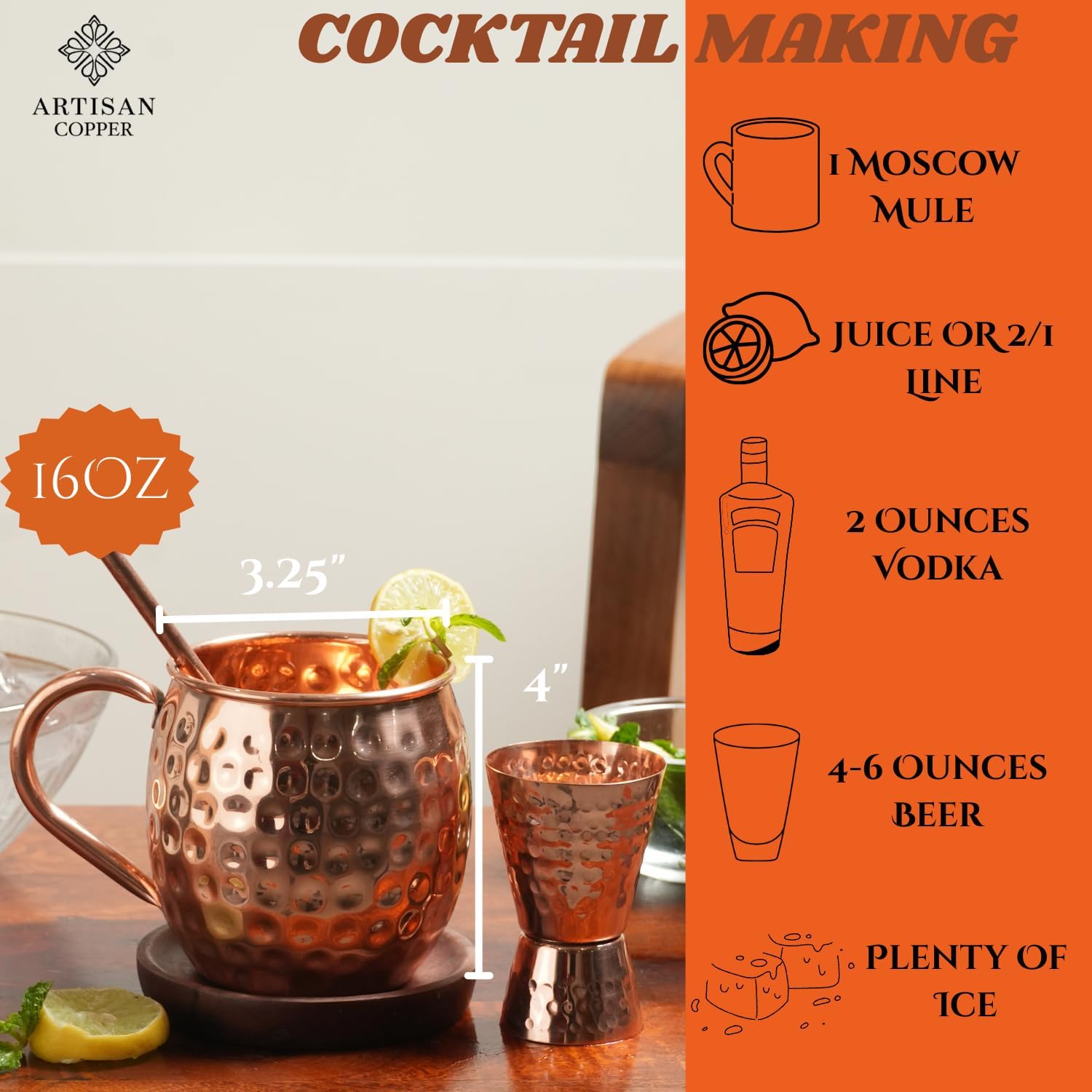 Moscow Mule Copper Mugs Set of 4 (16oz) with 4 Straws, 4 Wooden Coaster and 1 Jigger Authentic Handcrafted Hammered Mugs Solid Copper Cups