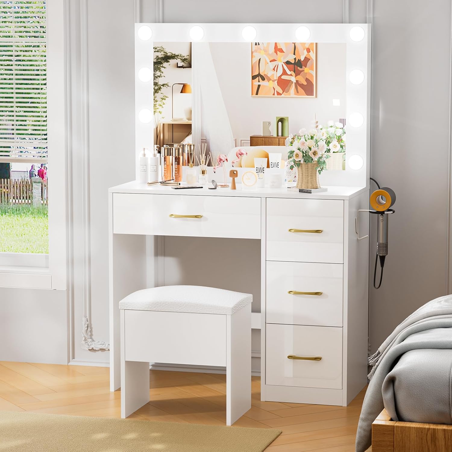 Makeup Vanity Desk with Mirror and Lights, Vanity Table with 4 Drawers,11 Lights 3 Color Modes & Adjustable Brightness,Vanity Mirror with Lights Desk and Storage Stool,Dressing Table for Bedroom White