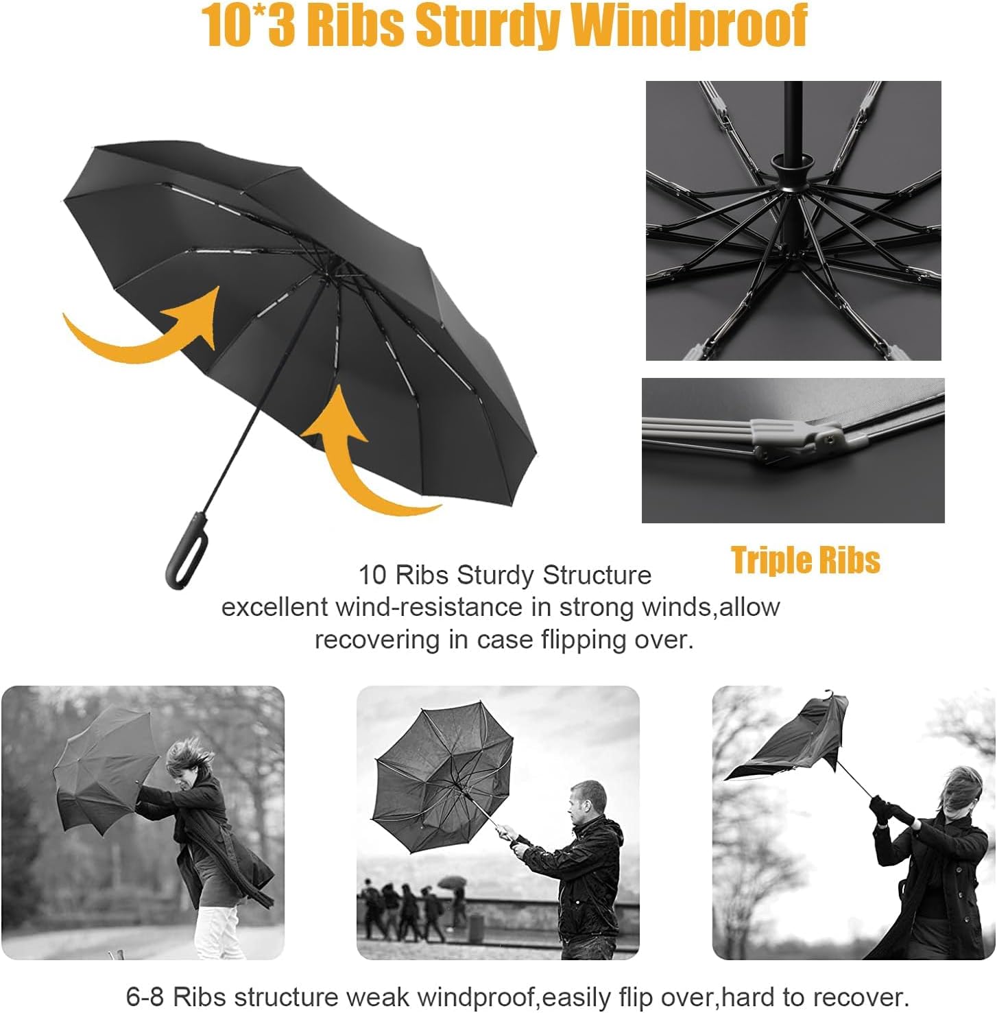 Luxurious Travel Folding Umbrella for Men Automatic Open/Close Crook Real Wooden J Handle Coating Layer Fabric Blocking/Portable Golf/Car Backpack/Rain Sun Anti UPF 50 UV Protection 99.9% - Image 3