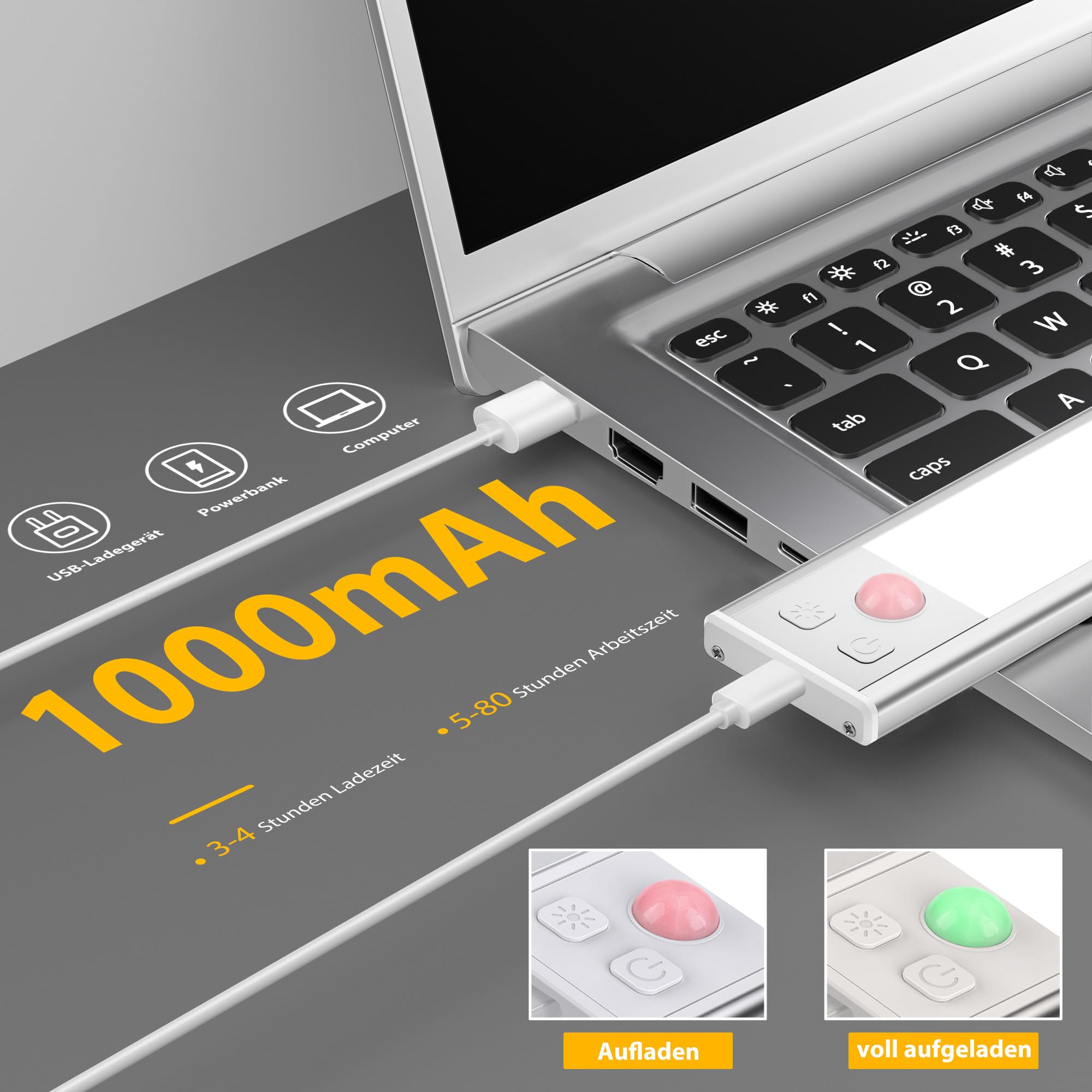 OUILA Schrankbeleuchtung LED mit Bewegungsmelder Unterbauleuchte Küche LED USB-C wiederaufladbar LED-Licht Dimmbar kabellos Nachtlicht für Küche Kleiderschrank Schrank 20.5CM 2 Stück