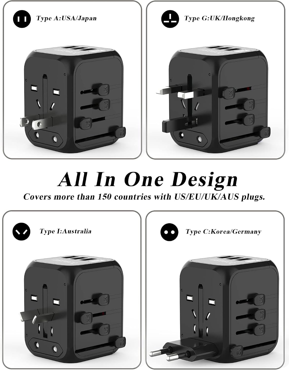 LEPECQ Universal Travel Adapter, International Power Adapter with 3USB + 1Type C Ports, 5 in 1 European Travel Plug Adapter for EU UK USA AU Asia 200+ Countries Travel Essential Tool