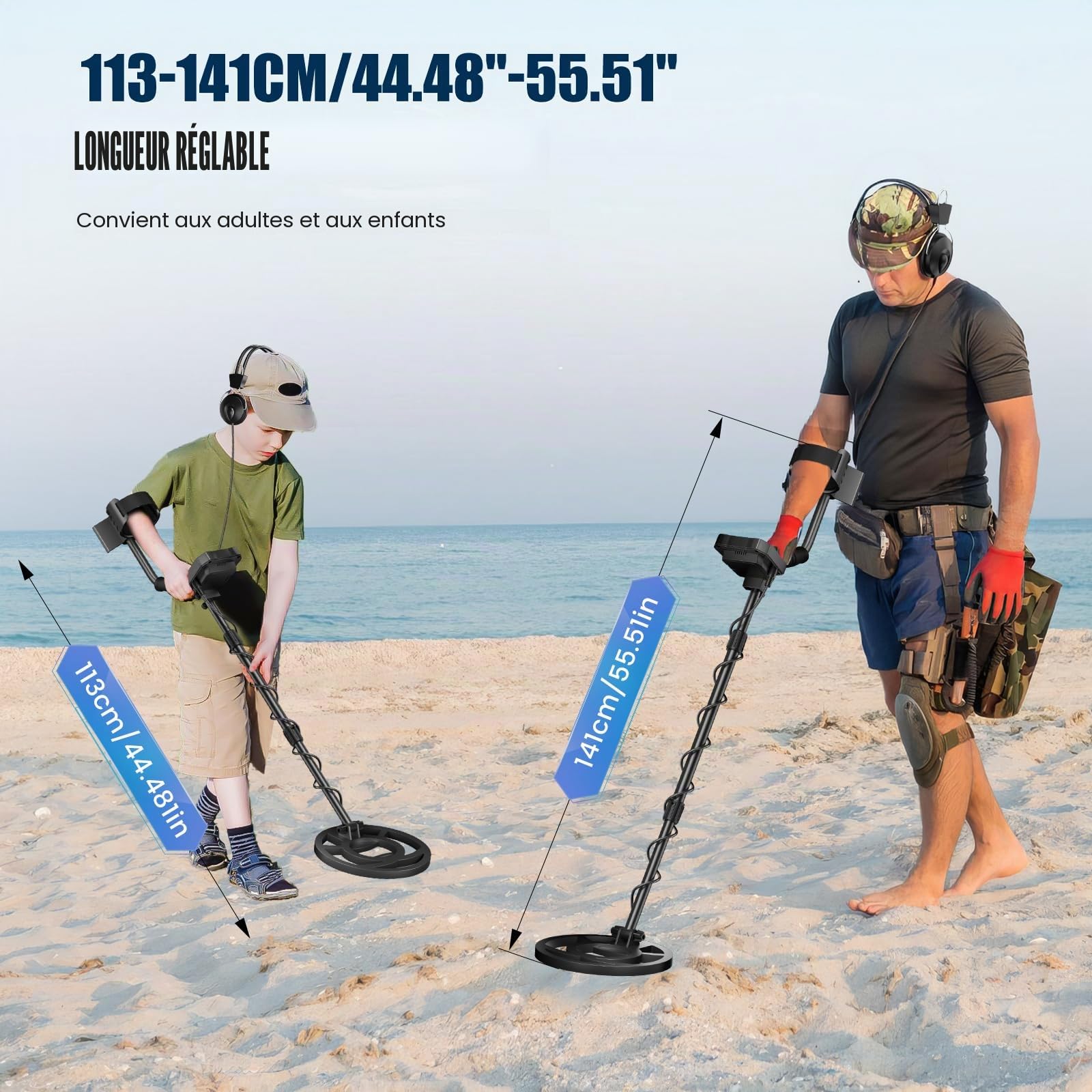 Détecteur de métaux Professionnel, 5 Modes Détecteurs de métaux pour Adultes et Enfants, détecteur de métaux Rechargeable avec Bobine de Recherche étanche IP68, écran LCD (Bleu Clair)