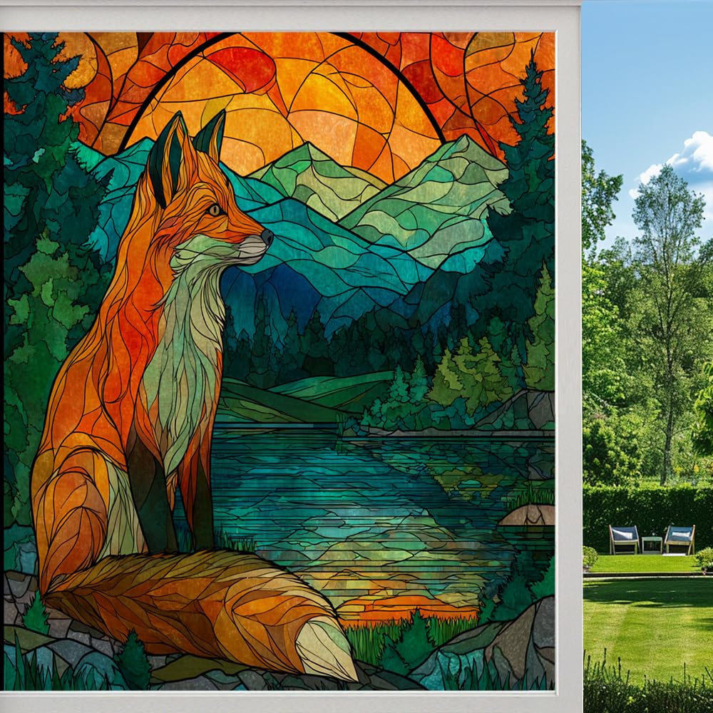Colorful Sunset Fox Stained Glass Window Film, Mountain Lake Animal Peel and Stick Privacy Film, Frosted Adhesive Vinyl Decorative for Bathroom Windows Glass Doors, （80x120cm）