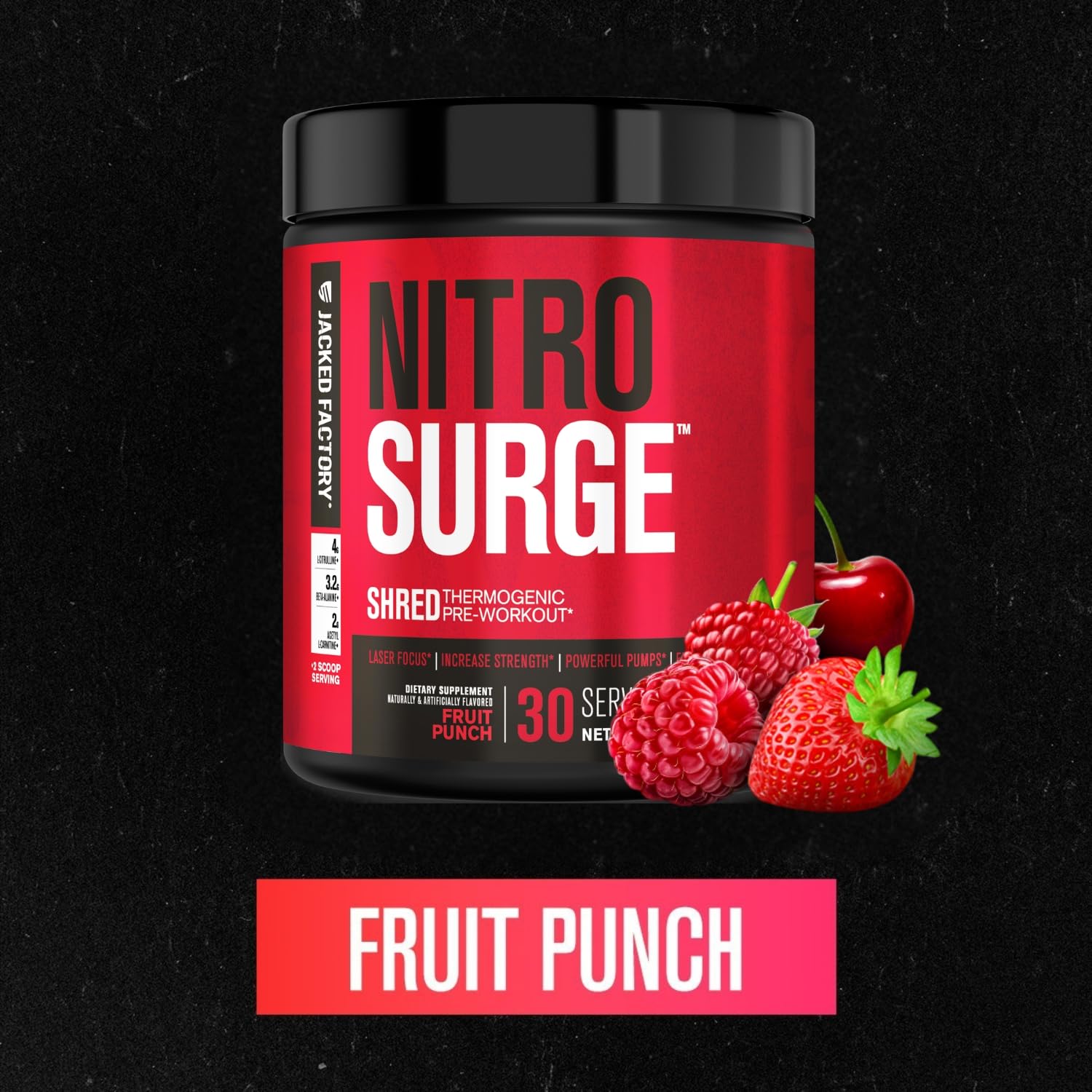 Jacked Factory NITROSURGE Shred Pre Workout Supplement - Energy Booster, Instant Strength Gains, Sharp Focus, Powerful Pumps - Nitric Oxide Booster & PreWorkout Powder - 30Sv, Fruit Punch — Amazon image 2