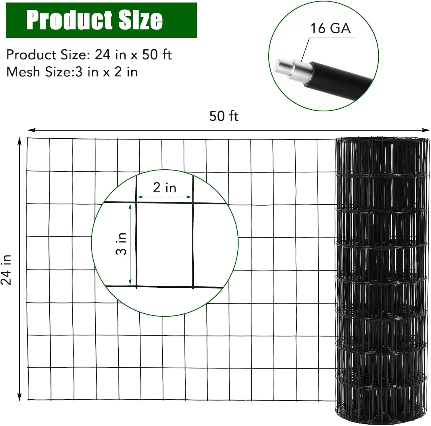 Wire Mesh Fence Roll 24inx50ft, 2inchx3inch 16GA Galvanized Steel Poultry Netting, Vinyl Coating Metal Wire Hardware Cloth Fence for Garden Yard Animals Plants Protection, Farm Fencing, Black