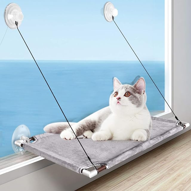 PUEIKAI Cat Hammock, Cat Window Perch Hammock Bed for Indoor Large Cats, Cat Hammock Window Resting Seat Shelves with Sturdy Knob Suction Cups Holds Up to 50 lbs, Space-Saving and Easy to Assemble