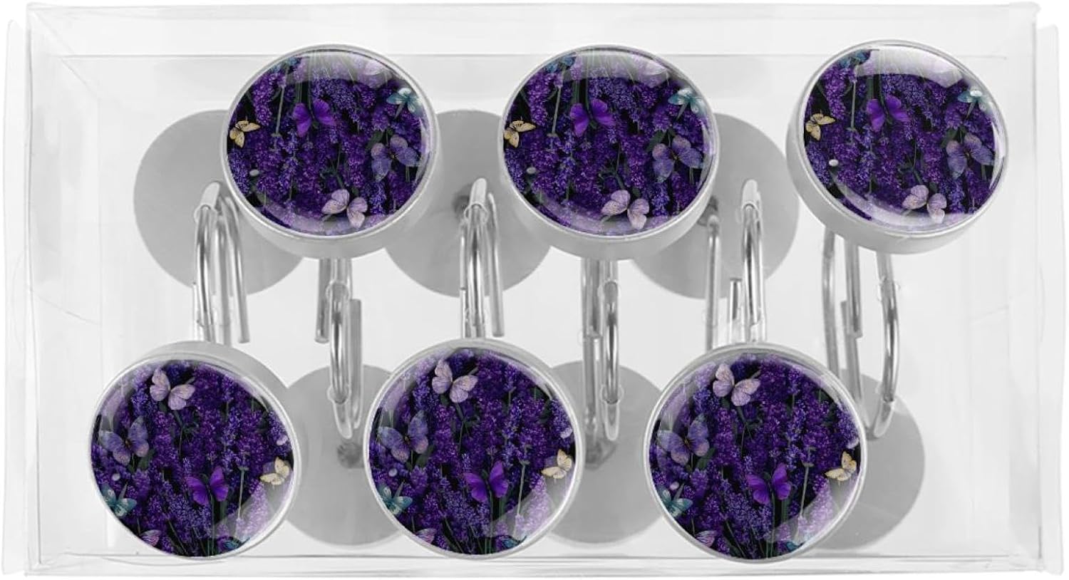 12PCS Lavender Butterfly Flowers Purple Floral (3) Shower Curtain Hooks Rings for Bathroom, Decorative Shower Curtain Hooks Rods Curtains and Liner