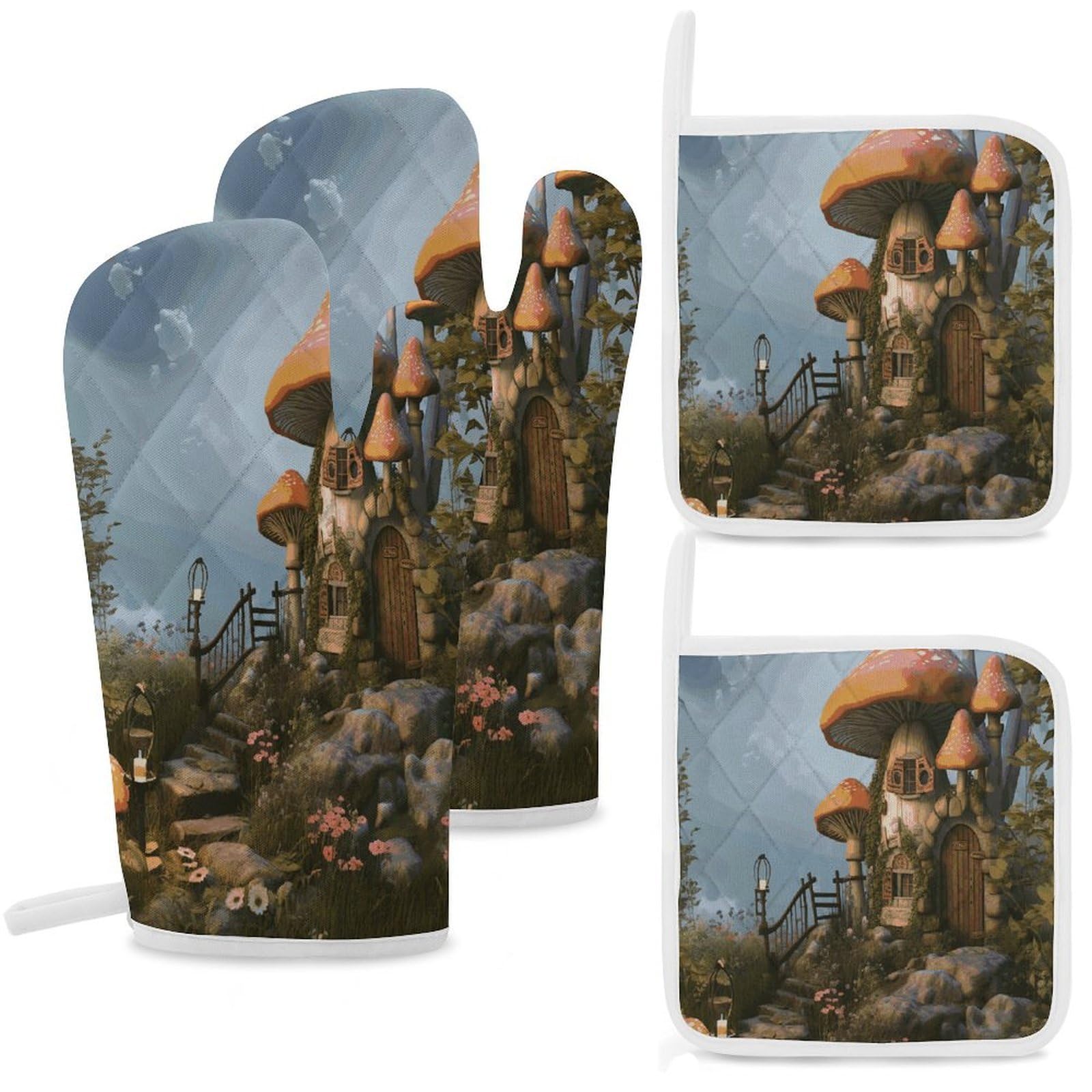 Fekiloot Style Mushroom Garden Oven Mitts And Pot Holders 4-Piece Set, Kitchen Oven Glove With Hanging Loop, Bbq Gloves For Cooking Baking Grilling