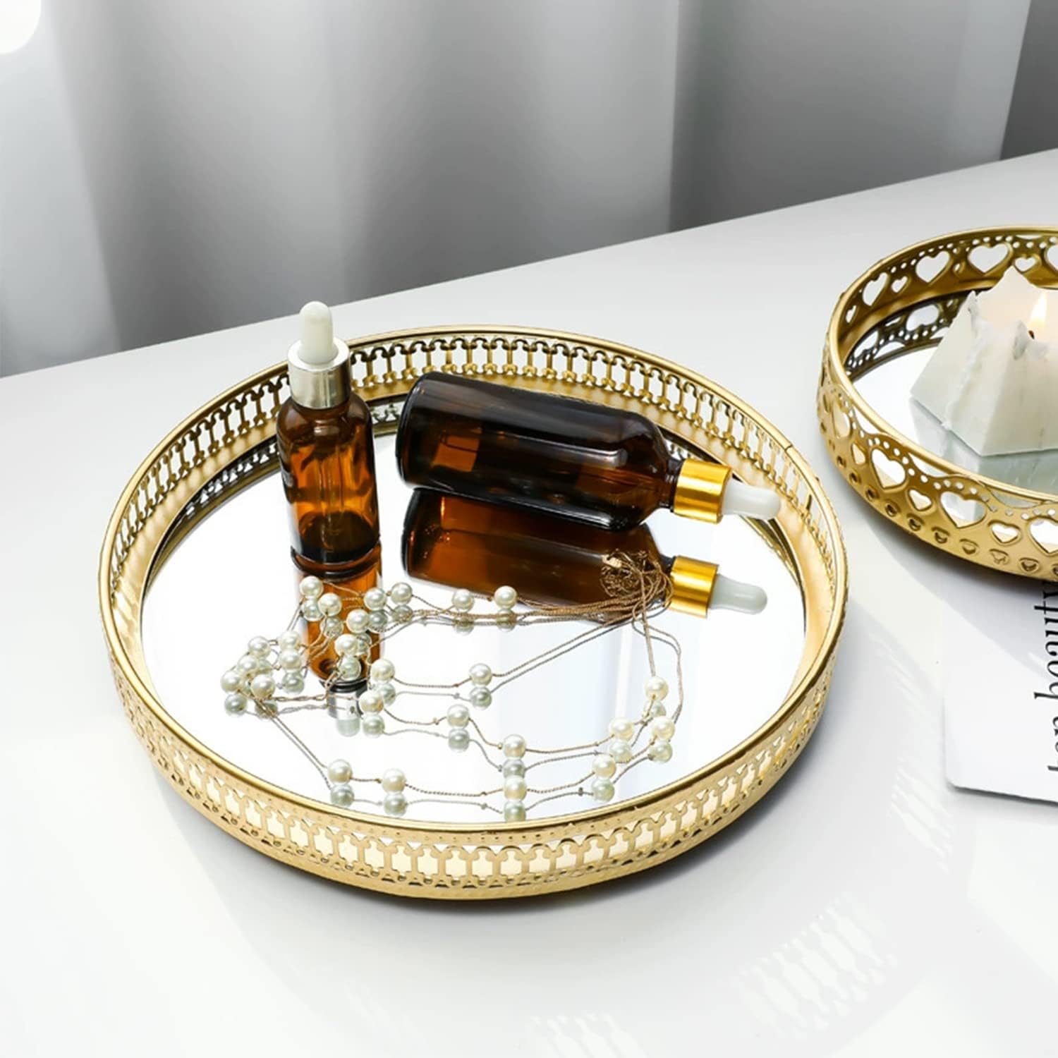 9.8×1.7in Round Decorative Mirror Tray American Style Makeup Organizer Jewelry Organizer Serving Tray with Decorative Geometric Shape Side for Whiskey Decanter, Vanity Set, Perfume Tray