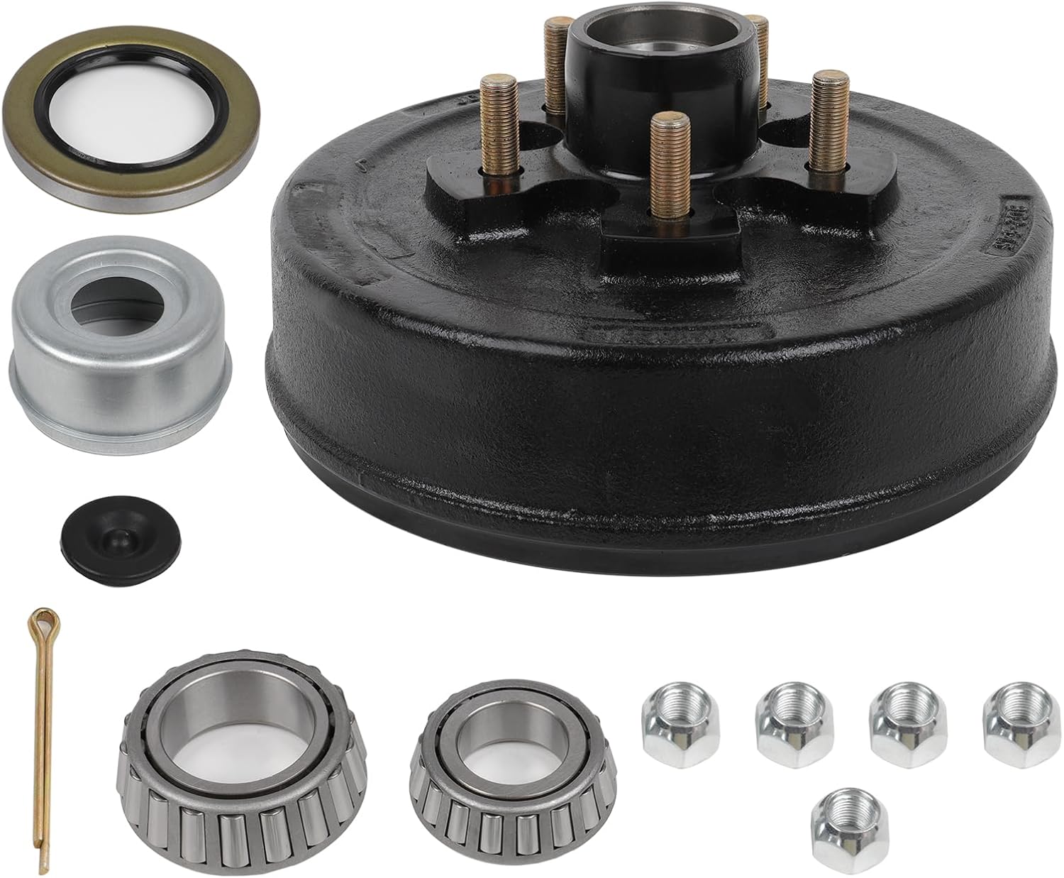 OCPTY Trailer Hub Brake Drum 10 x 2-1/4 Wheel Bearing Kits for 1-1/16 Outer 1-3/8 Inner 5 Bolt Lug for 3,500 lb. Axles Tapered Spindle Grease Seal