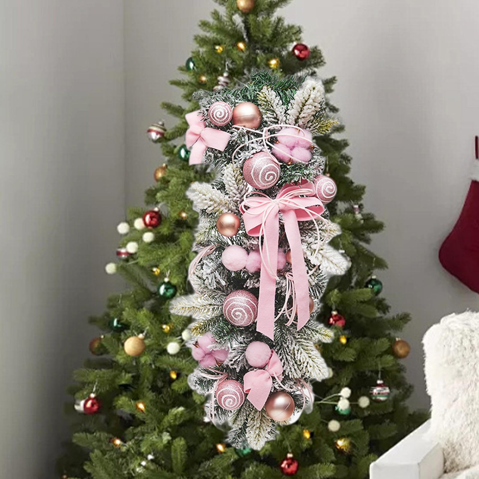Fenteer Weihnachts-Treppengirlande, künstliches Ornament, mit Lichtern, Weihnachts-Tränengirlande-Kranz, Weihnachtsgirlande für -Innentreppen, ROSA