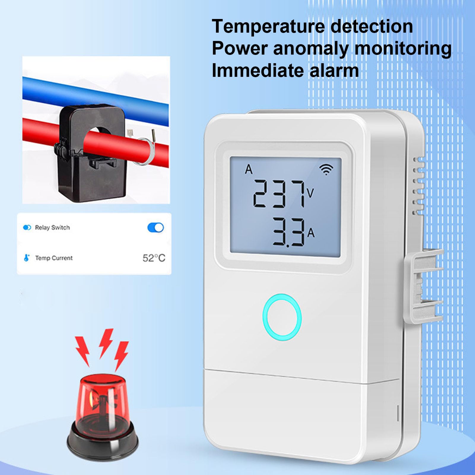 SEAFRONT Monitor de Energía Eléctrica WiFi Control Remoto Pantalla LCD 3 Canales 100A 16A Relé Alarma de Sobrecalentamiento para Electrodomésticos