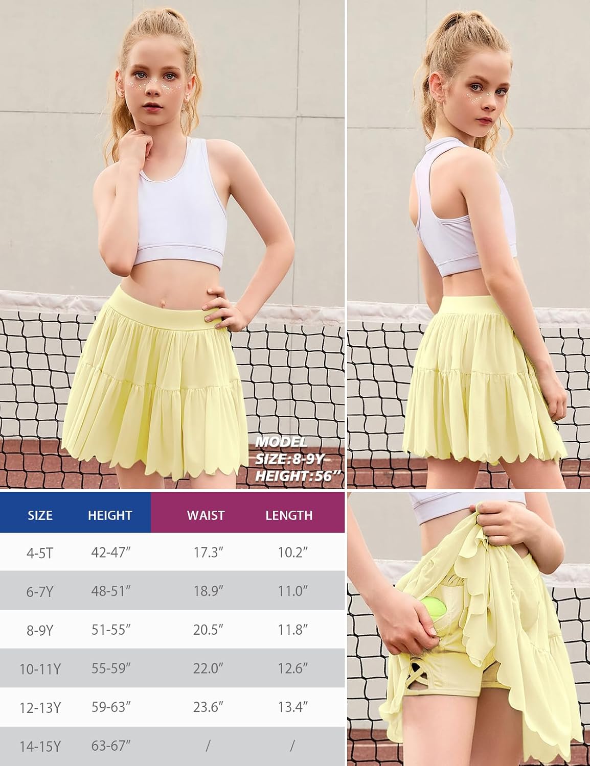 Perfashion Girls Tennis Skirts Ruffle Athletic Skort Tulle Pleated Skirt with Shorts Pockets 4-13Y