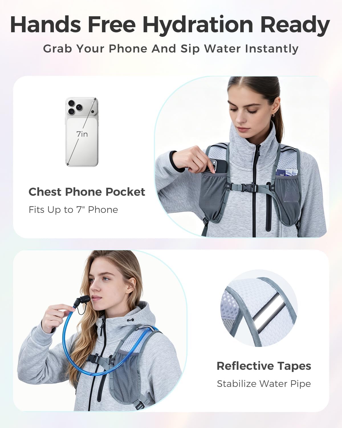 Blue Quartz Rave Hydration Backpack, Reflective Hiking Pack with 2L Water Bladder & Phone Pocket, Hydro Pack with Insulated Compartment for Festival Running Cycling for Men Women