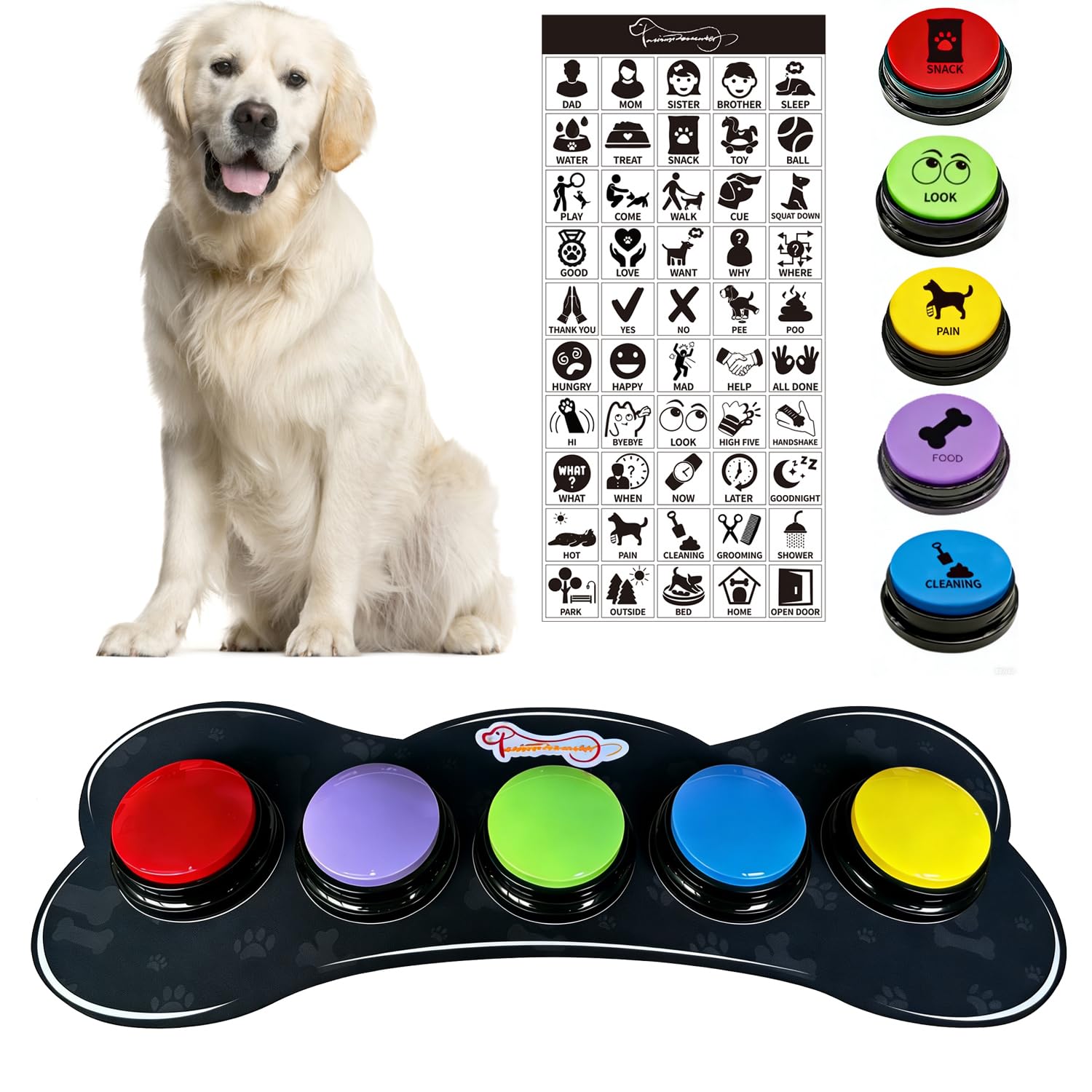 Set di 5 pulsanti per cani multicolori con tappetino in gomma per la comunicazione, tasti parlanti per cani con 50 adesivi, tasti per animali domestici, addestra il tuo cane a dire