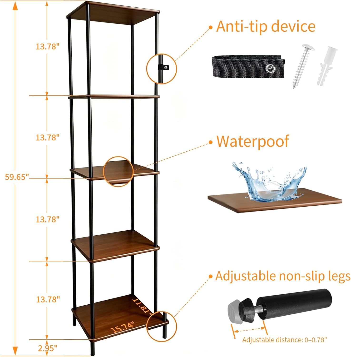 5 Tier Corner Bookshelf,Wooden Standing Shelf Unit with Metal Frame,Anti-Tip Design Narrow Storage Organizer for Small Spaces,Living Room Bedroom Office Kitchen,Rustic Brown