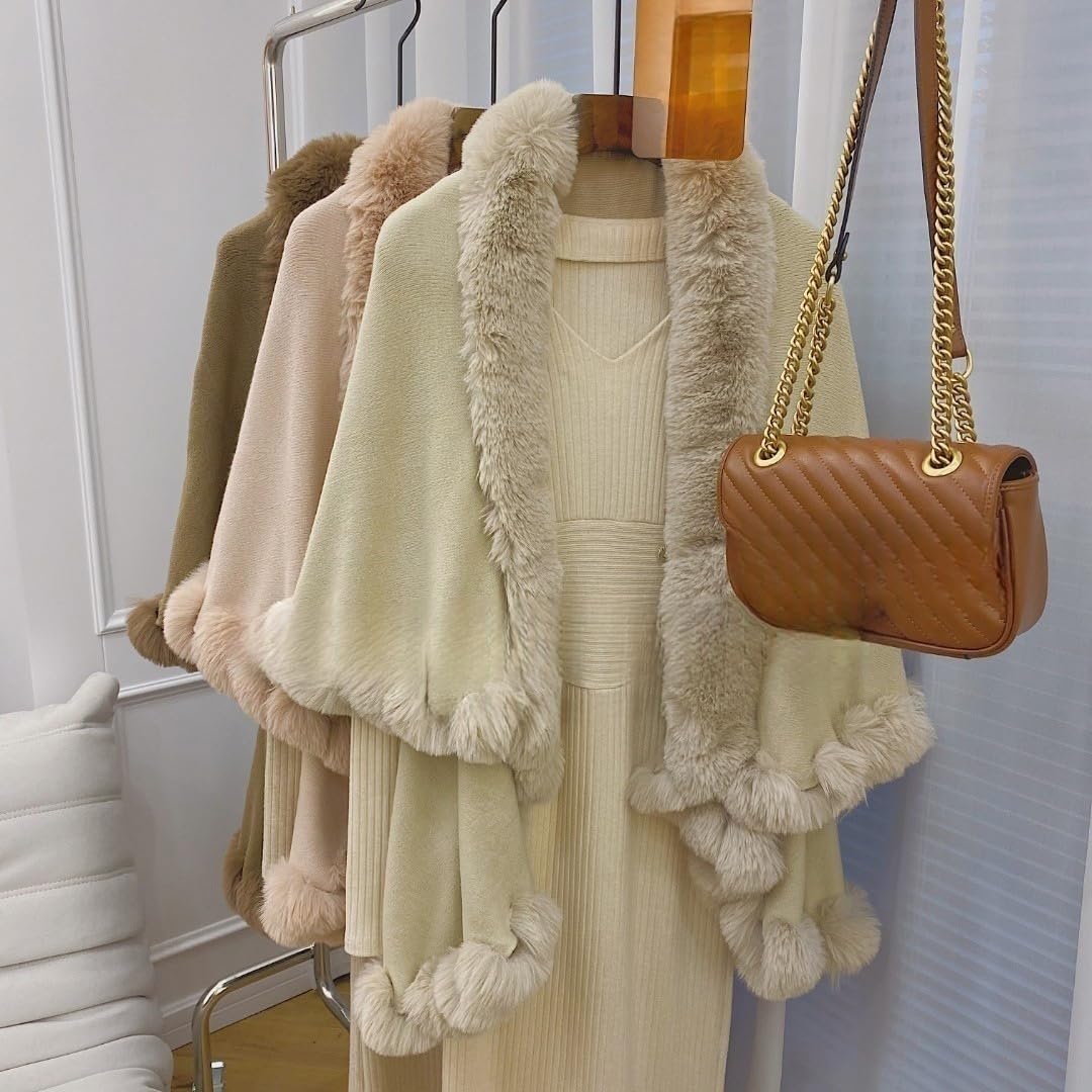 Generico Mantella da Donna con Scialle Poncho Caldo in Pelliccia Sintetica di Coniglio Eleganti Poncho Drappeggiati Cappotti con Collo di Pelliccia Scialli E Stole per Abiti da Sposa da Sera