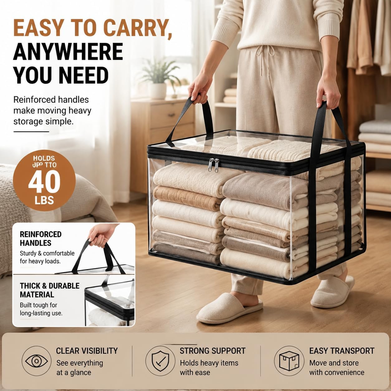 Large Clear Storage Bag, 30x25x25cm Thick PVC Organizer for Clothes, Bedding & Moving. Dustproof Transparent Container with Heavy-Duty Handles & Double Zipper (2,Black,30 × 25 × 25 cm)