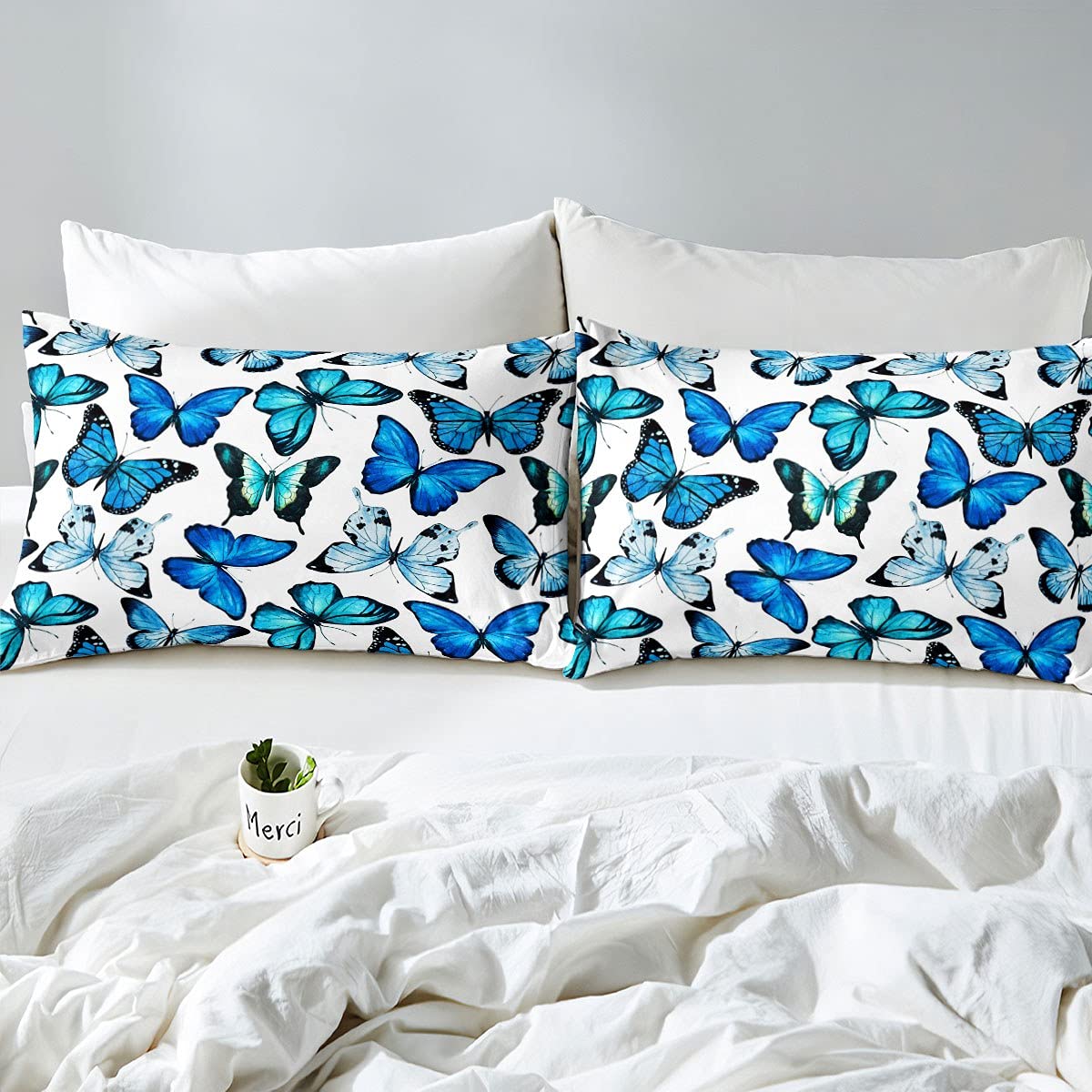 Loussiesd Butterfly Bedding Duvet Cover Set Girls Luxury Blue Butterflies Bedding Set Teens Women Flying Animal Comforter Cover Set Nature Garden Bedding & Linen Bedroom Bedclothes Single Size - Image 4