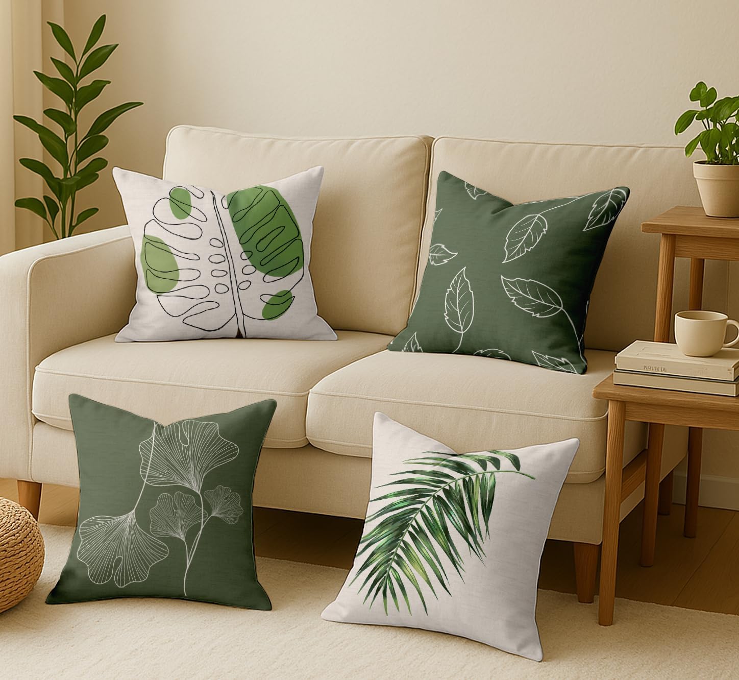 Set of 4 16x16 Cotton Cushion Covers - Decorative Reversible Pillow Covers with Concealed Zipper - Filler Not Included - Leaves Print, Green