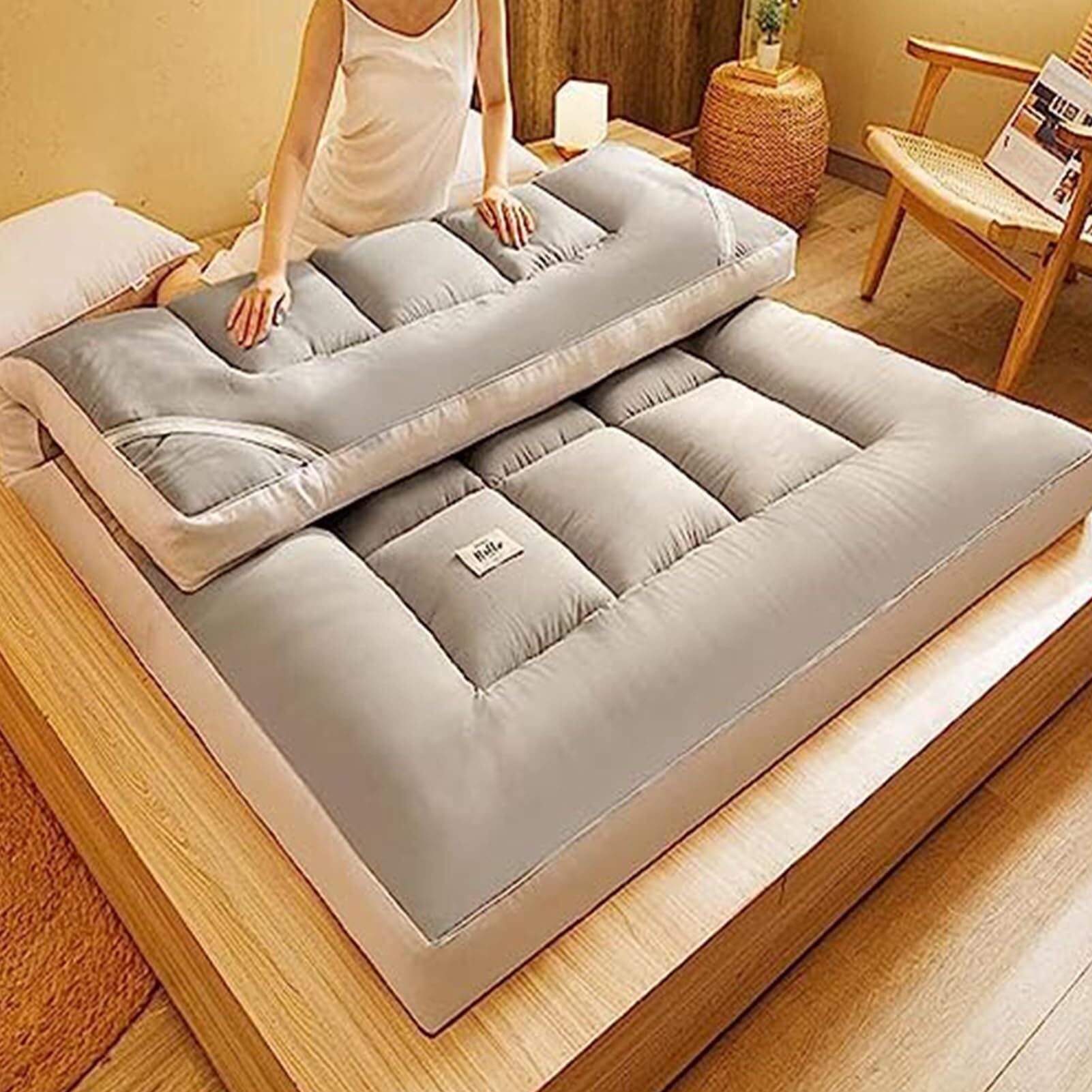 Matelas futon japonais épais, extra moelleux, tapis de sol pliable, tatami, matelas portable enroulable pour salon, dortoir, invité, camping (gris)