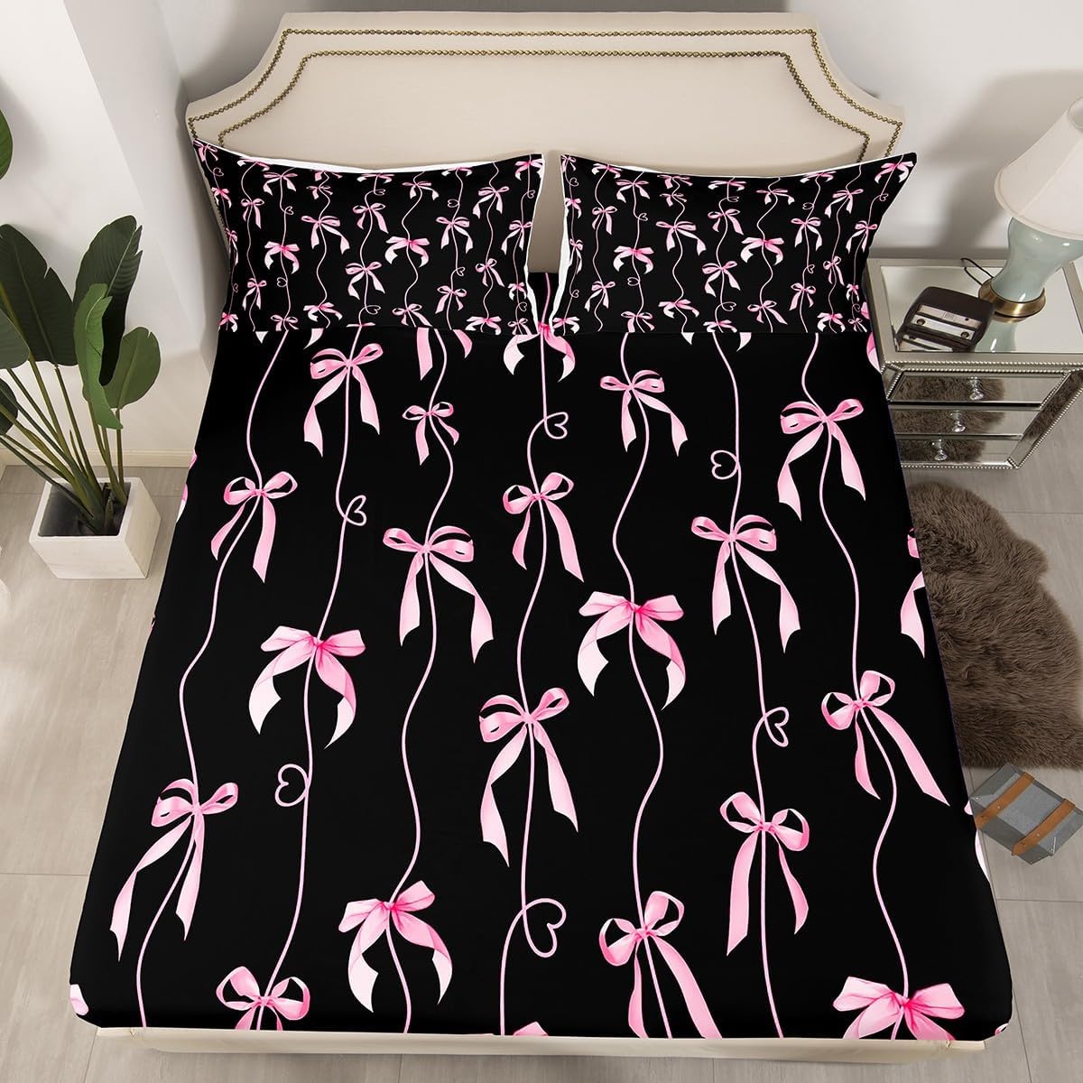 jejeloiu Pink Bow Fitted Sheet for Girls Boys Kids Twin Size Cute Bow-tie Bedding Room Decor Bowknot Girly Dreamy Princess Heart Love Bed Sheets Set 16" Deep Pocket Breathable Soft Lightweight 2Pcs