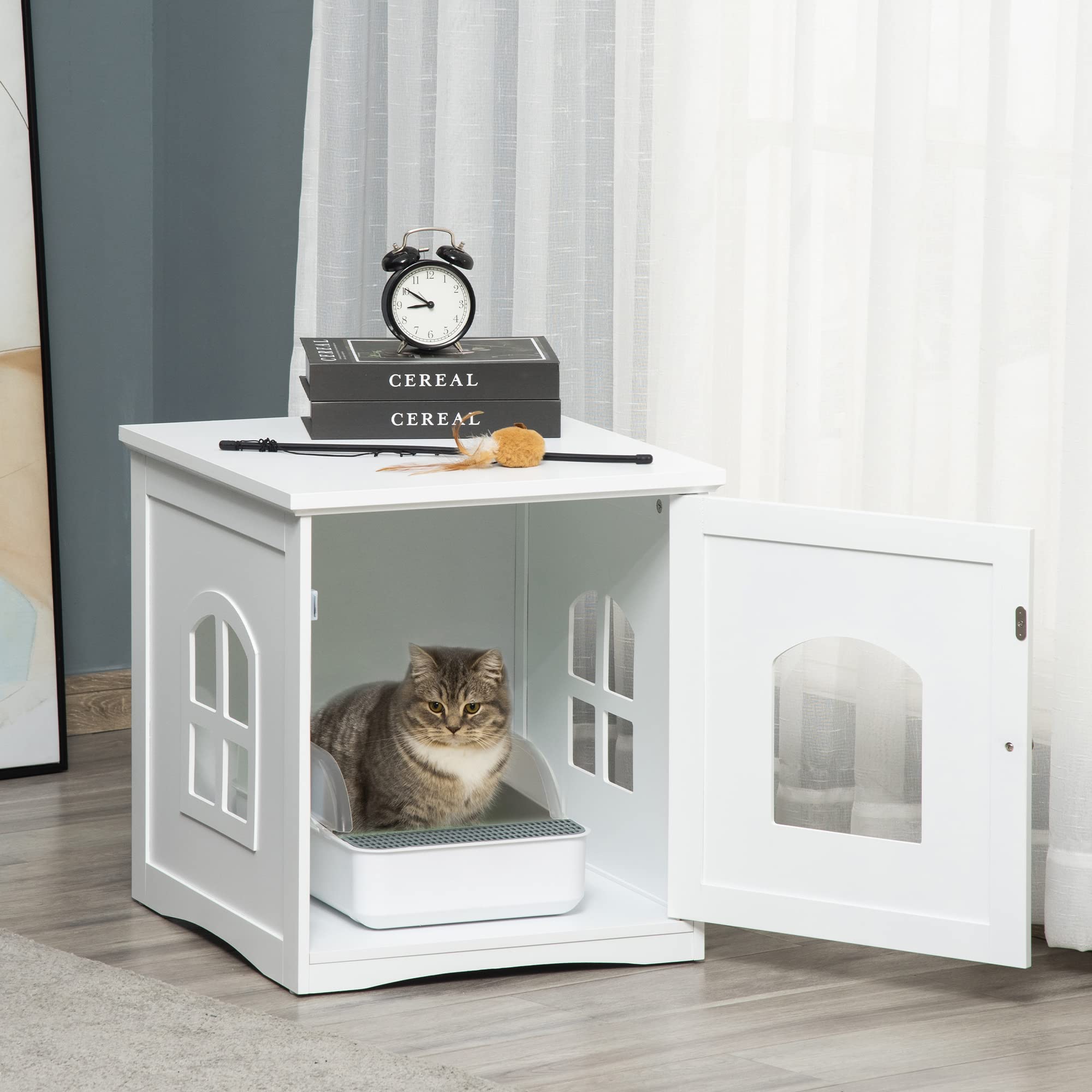 PawHut Cat Litter House with Door Pet Supplies Cat Supplies Dimensions 48.7 L x 53.3 W x 53.3 H cm White MDF