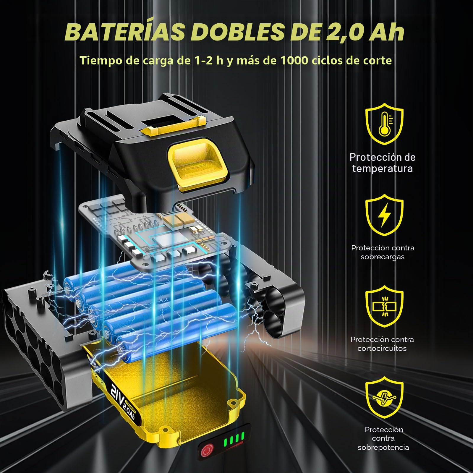 2 en 1 Tijeras de podar a batería telescópicas, compatibles Makita 18V, alcance 4m, motor sin escobillas 1500W, 2×2.0Ah, corte 42mm, rotación 180°, para jardinería y poda de árboles (yel)