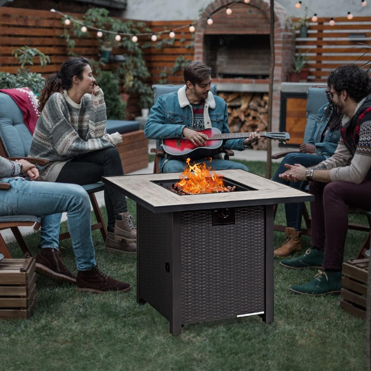30-Inch Fire Table Outdoor, 50,000 BTU Gas Fire Pit Table with Ceramic Tiles Tabletop, Lid, Lava Rock, Electric Igniter & Hideaway Tank Holder, Propane Fire Table for Outside, Patio(Black)