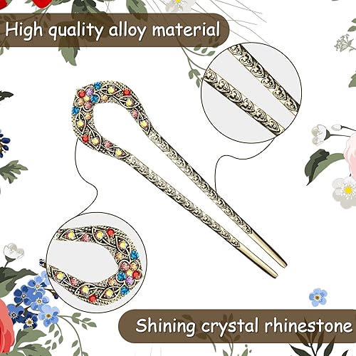 Miniatura 4 de Waydress 5 horquillas de pelo vintage para moños, pinzas de metal para moños, palillos de cristal con diamantes de imitación de doble punta, pasador