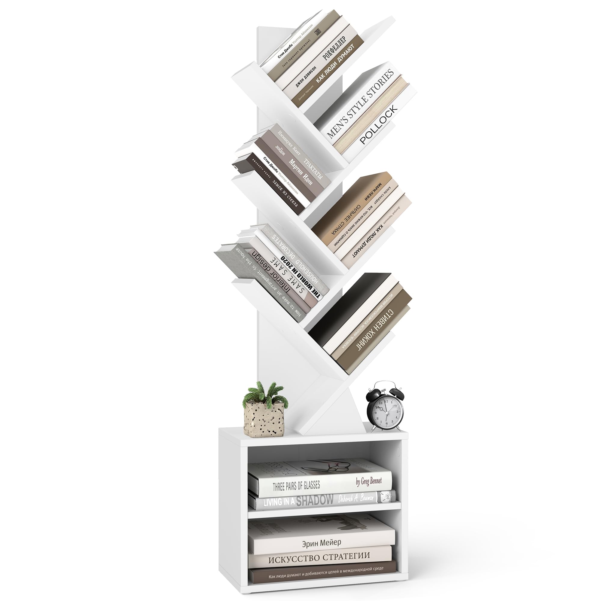 VASAGLE Custos Collection - Bibliothèque Arbre, Bibliothèque Moderne sur Pied, pour Chambre, Salon, Bureau, avec 2 Compartiments, 20,3 x 38 x 123,2 cm, Blanc Nuage LBC607WB01