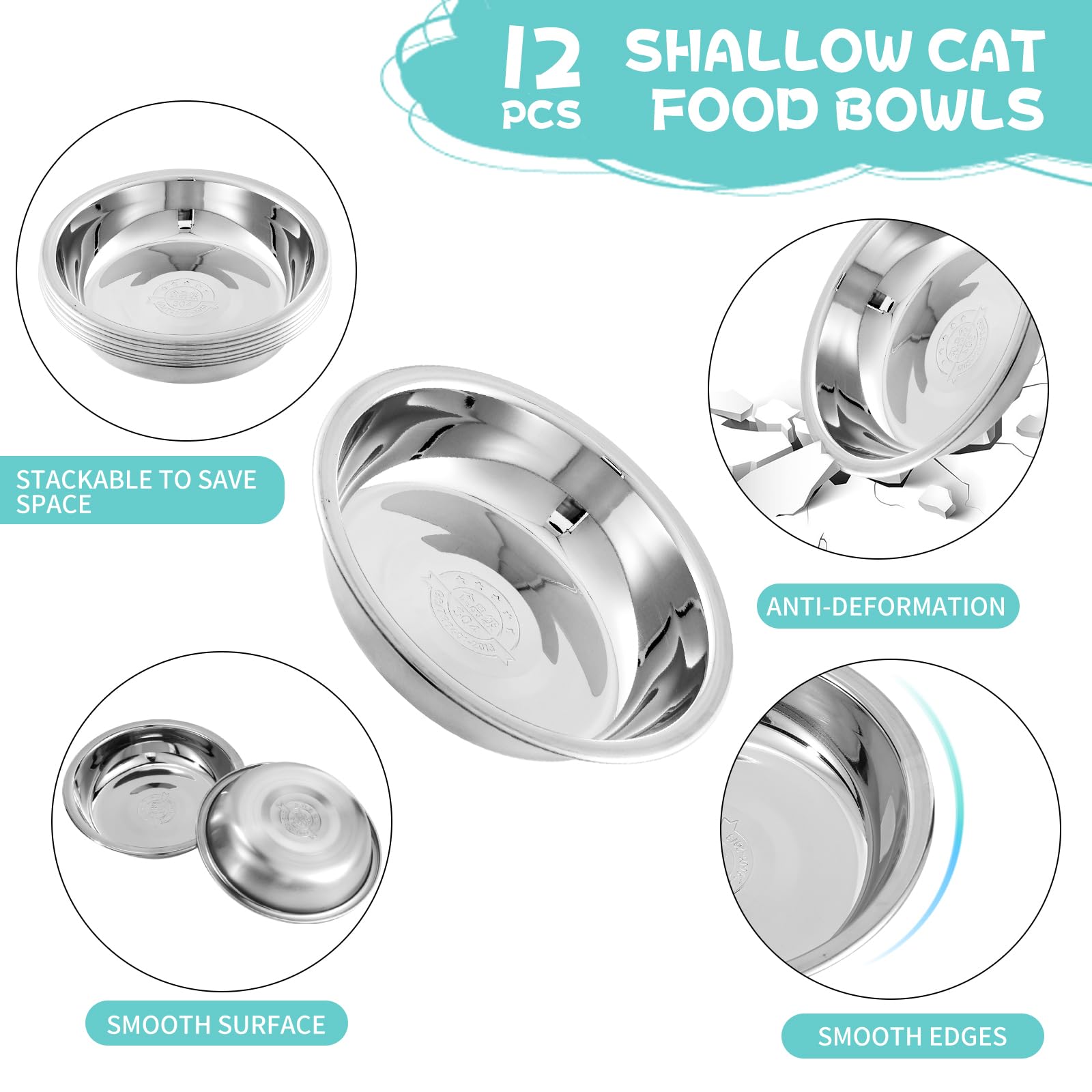 12 cuencos de acero inoxidable para gatos poco profundos para alimentos y fatiga, plato de agua básico de metal para mascotas, soporte elevado para gatos y perros pequeños (5.5 pulgadas de diámetro)