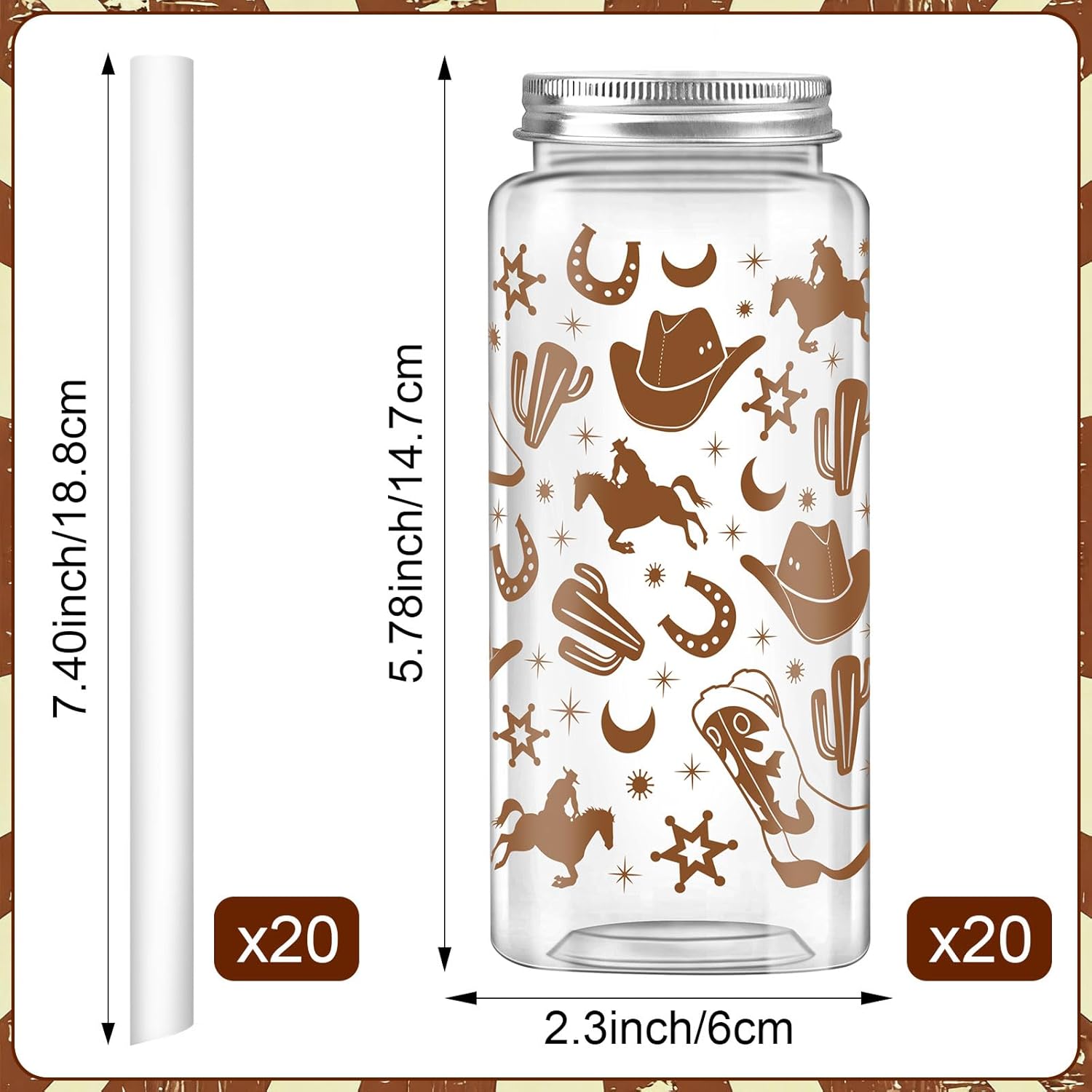 Hxezoc 20 Pack Plastic Western Cowboy Cups with Lid and Straw Clear Reusable Party Plastic Cups 14.2 oz Cowboy Party Gifts for Western Birthday Decoration Supplies - Image 2