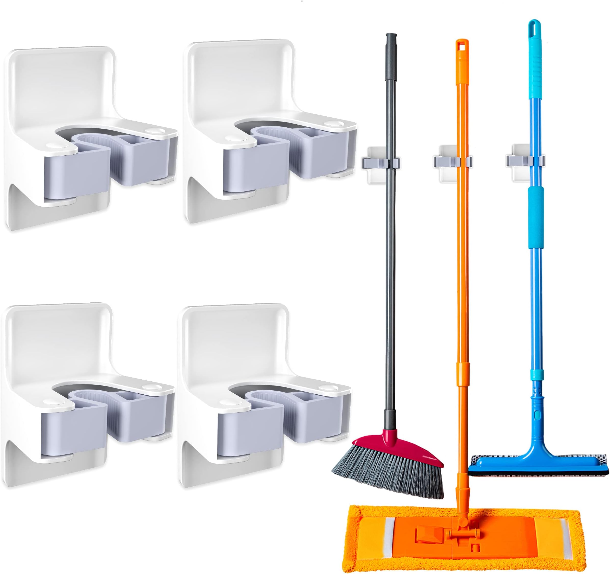 GLUIT Broom Mop Holder Wall Mount No Drill Broom Gripper Holds Self Adhesive No Drilling Super Anti-Slip, Broom and Dustpan Hanger for Home, Kitchen, Office, Garage Storage (4 PSC, 8 Pads)