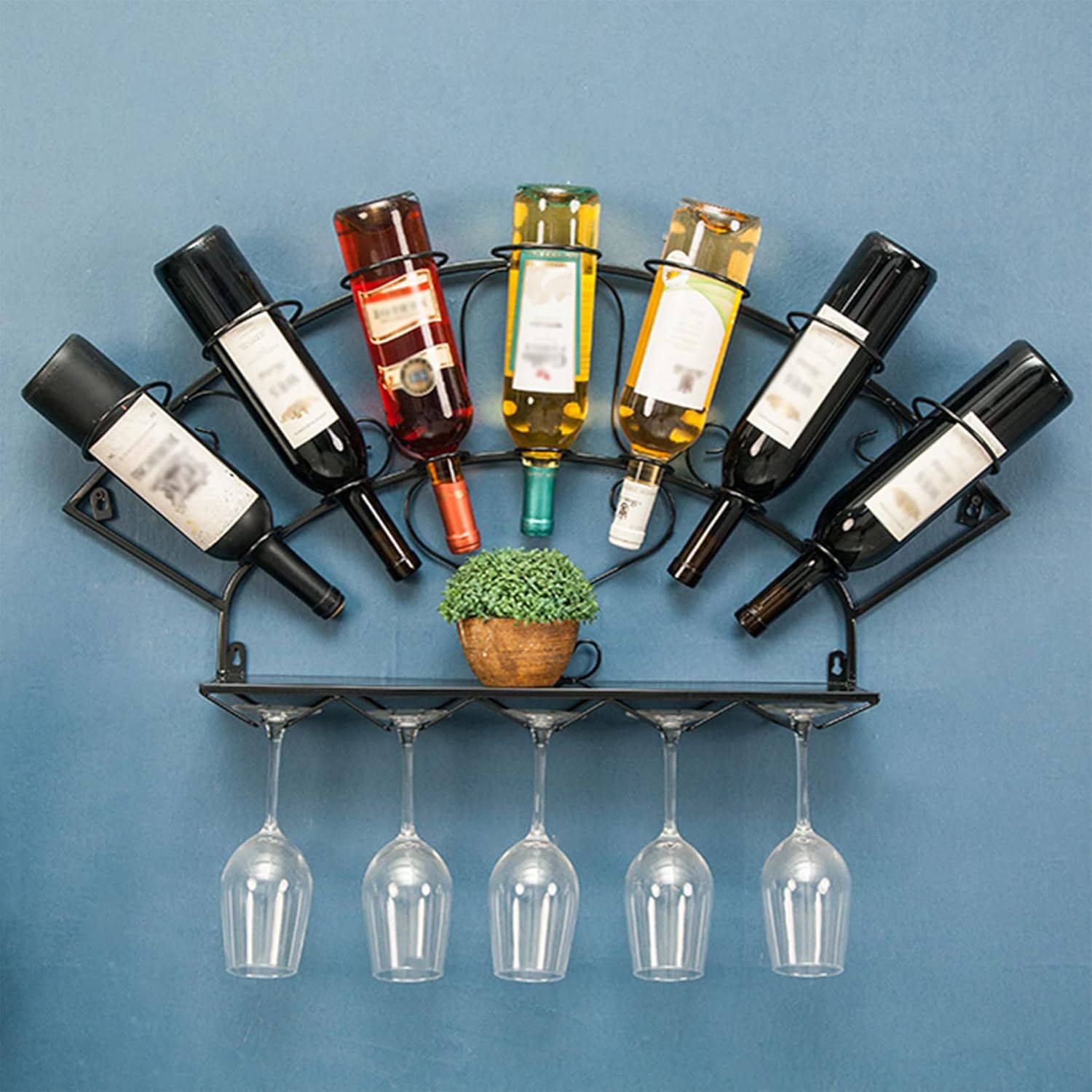 Creative Wall Mounted Wine Rack, Industrial Metal Wine Holder Rack, Hanging Display Shelf for 7 Wine Bottles, Modern Wine Holder for Home Kitchen Living Room Cafe Bar Decor