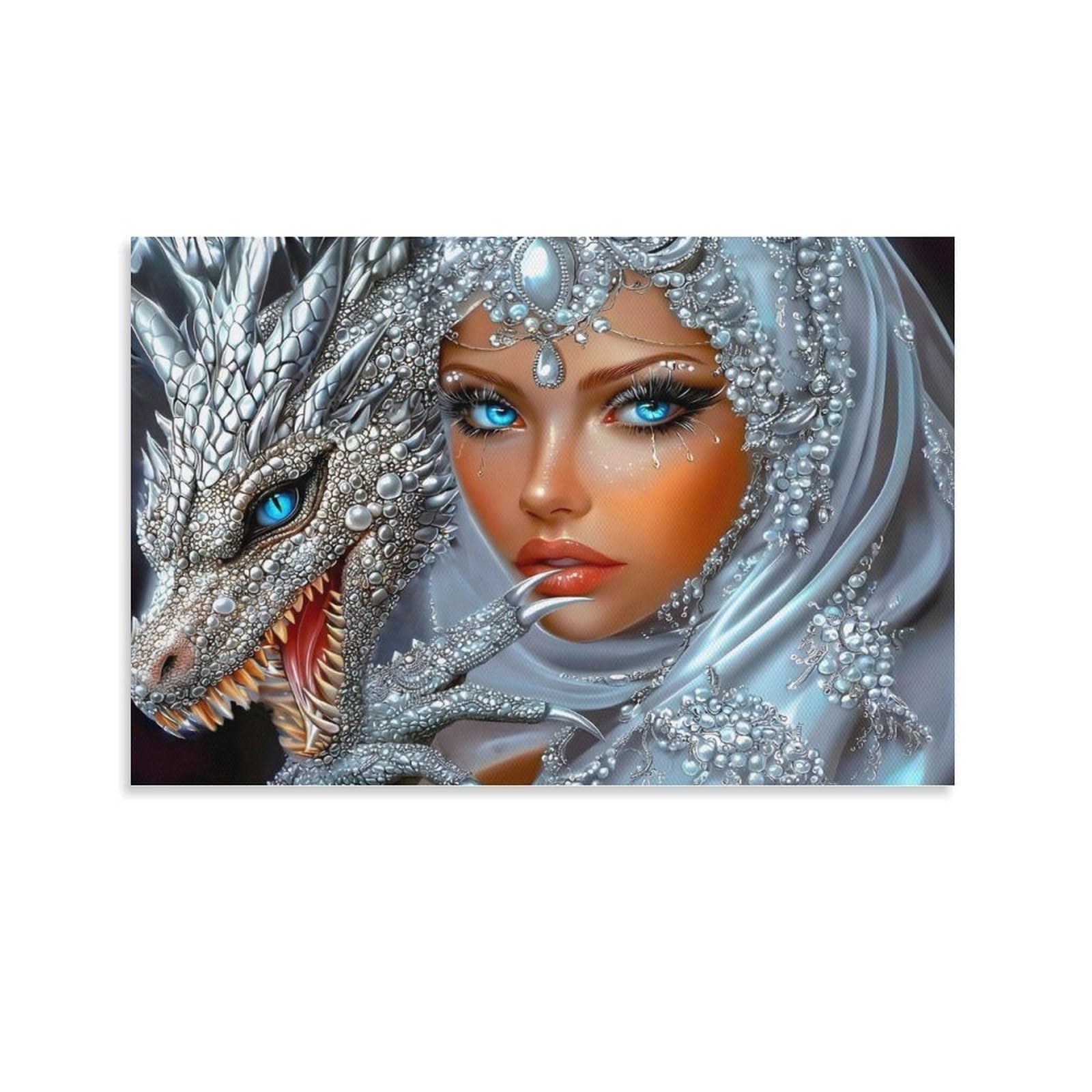 CPLVKWRQJ Silver Dragon Queen Single Piece Jeweled Lady Beside Silver Fantasy Dragon Canvas Wall Hanging - Nursery Space Saving Removable Ready to Hang Decor 16x24inch(40x60cm)