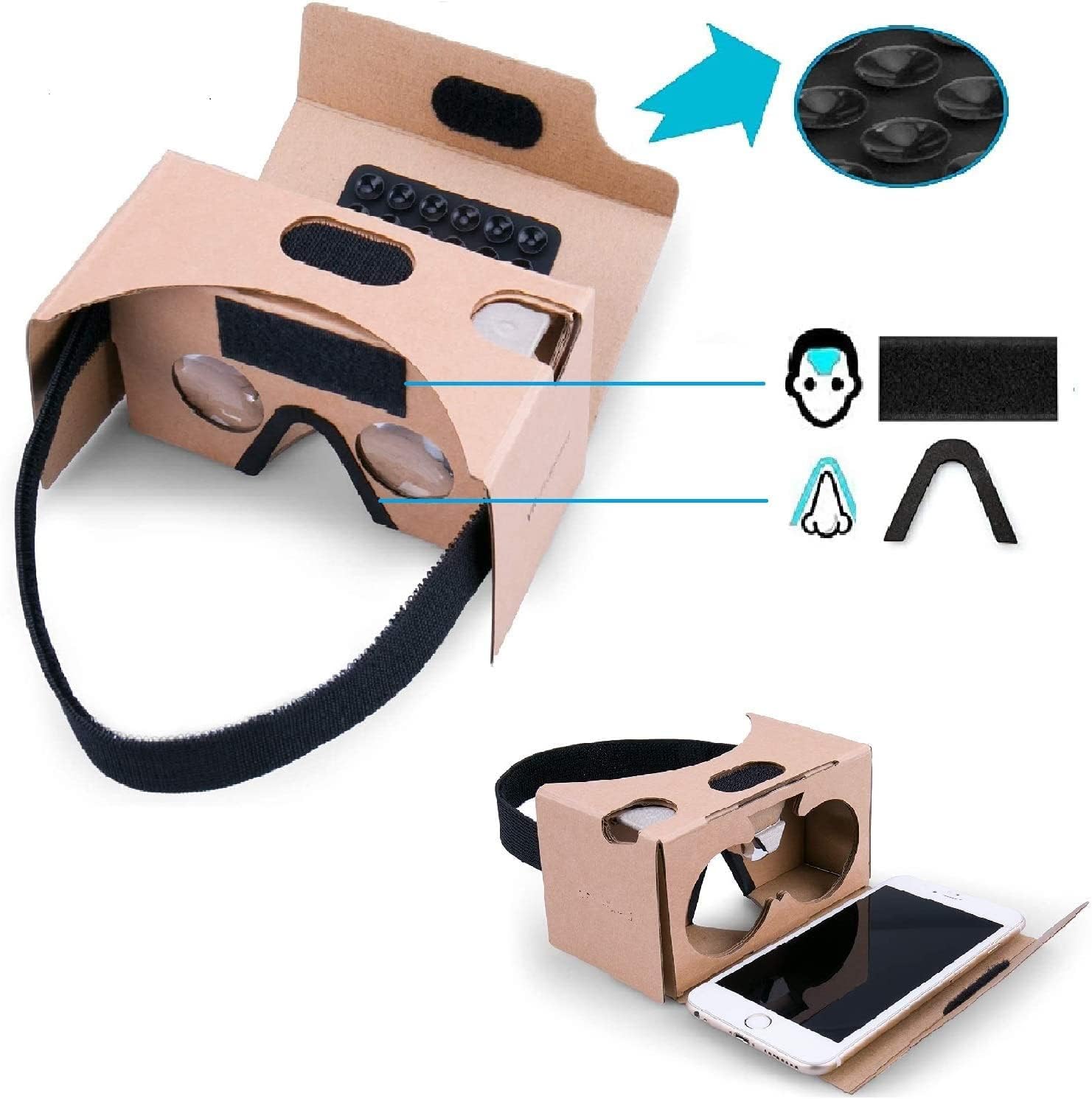HRX- Google Cardboard,VR Headsets 3D Box Virtual Reality Glasses with Big Clear 3D Optical Lens and Comfortable Head Strap for All 3-6 Inch Smartphones (1 Pack)
